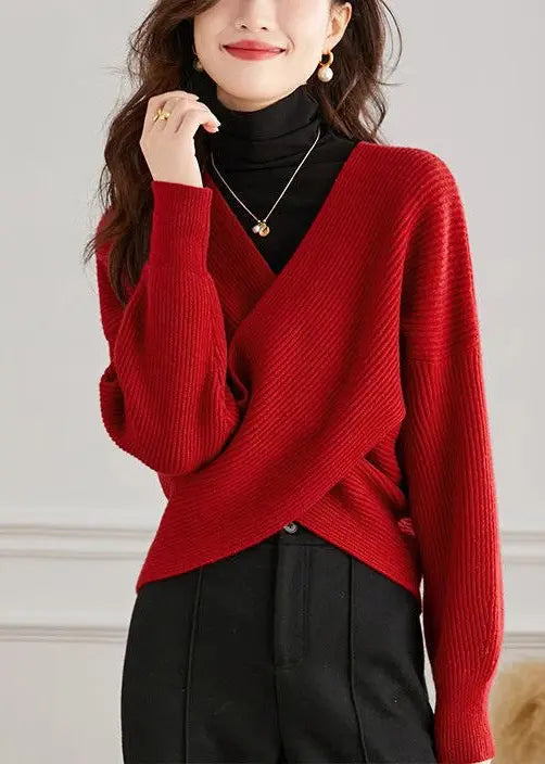 Handmade Red V Neck Cross Connection Knit Tops Spring HA1063