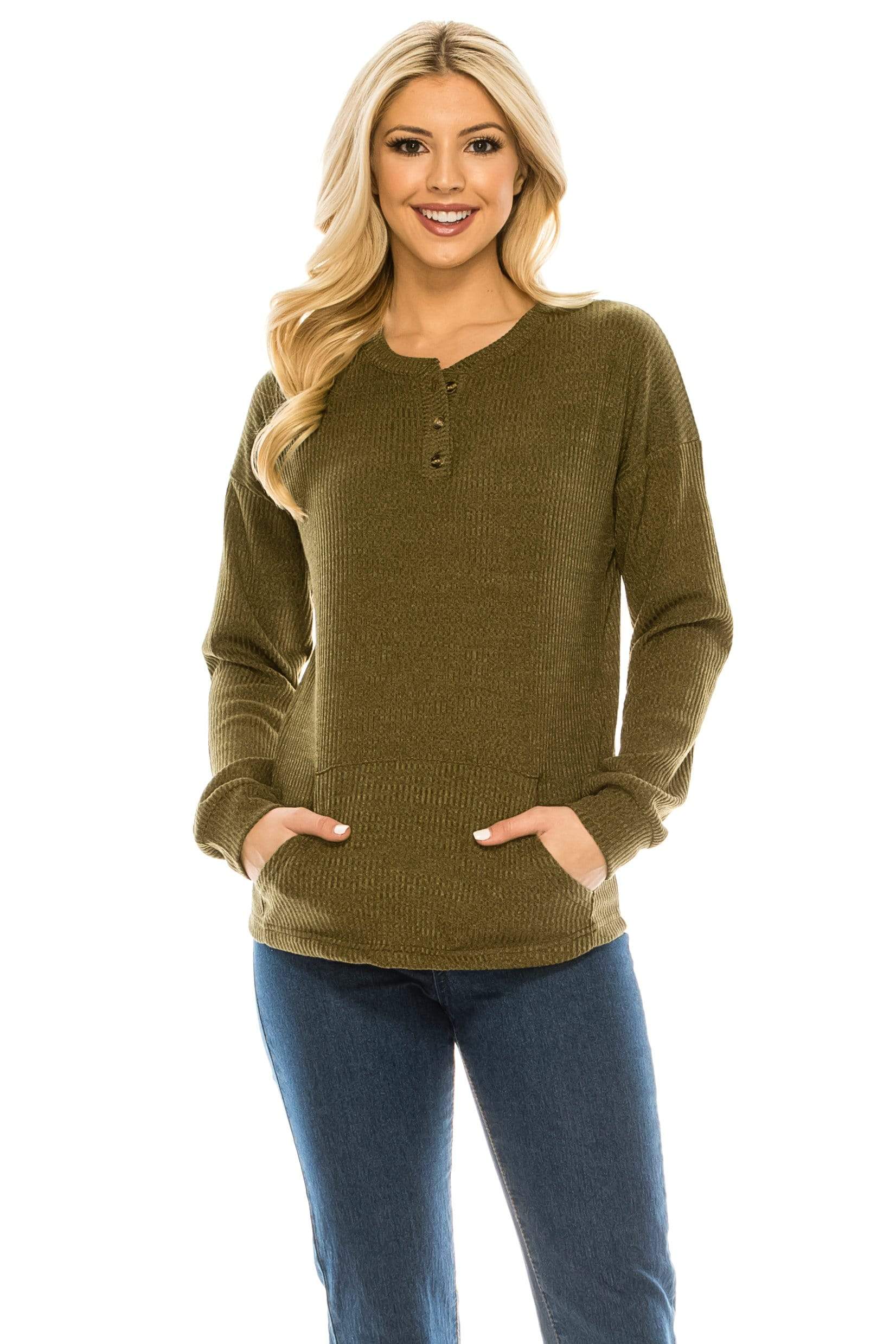 Haute Edition Women's Rib Kit Henley Top with Front Pocket