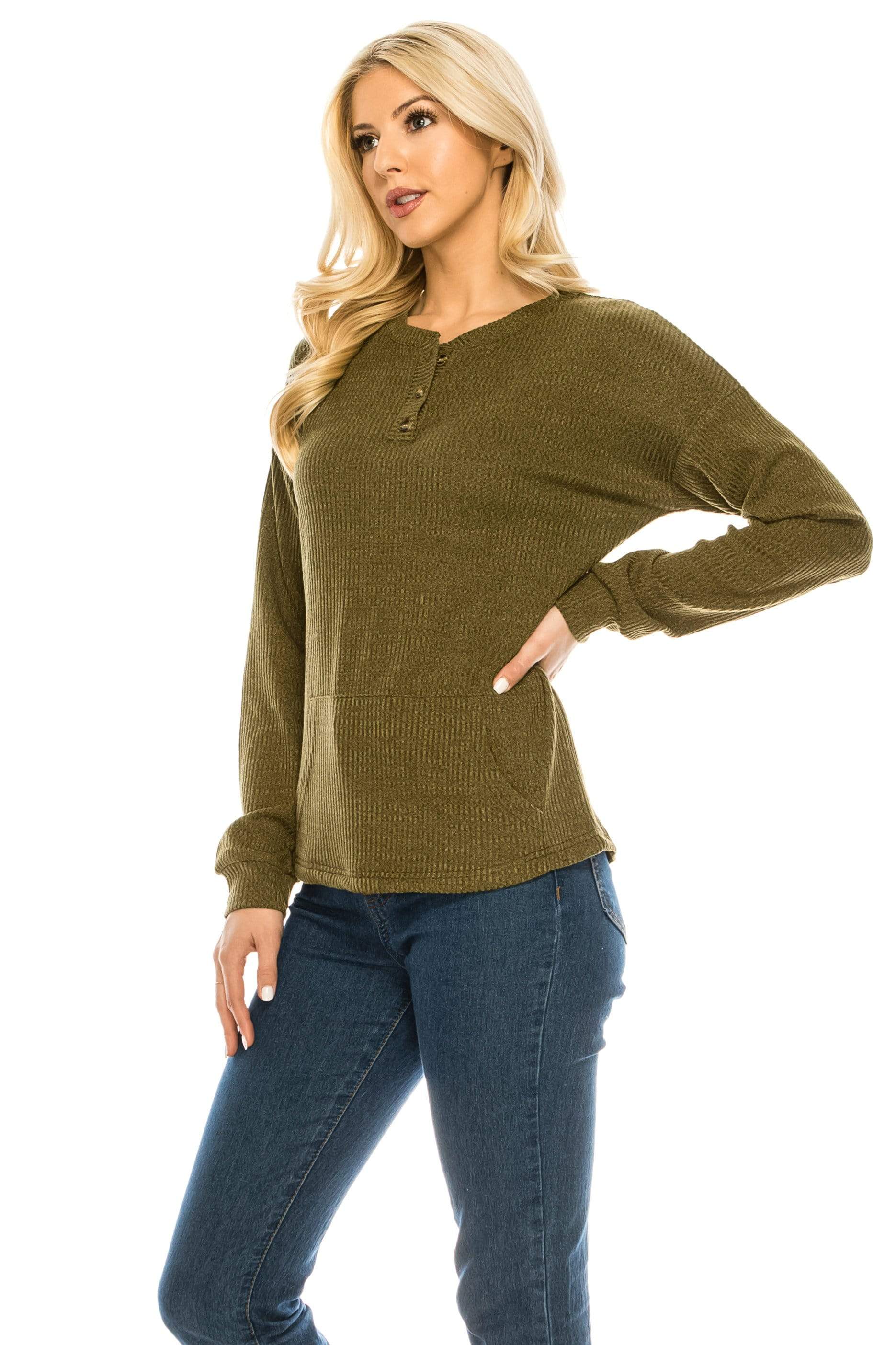 Haute Edition Women's Rib Kit Henley Top with Front Pocket