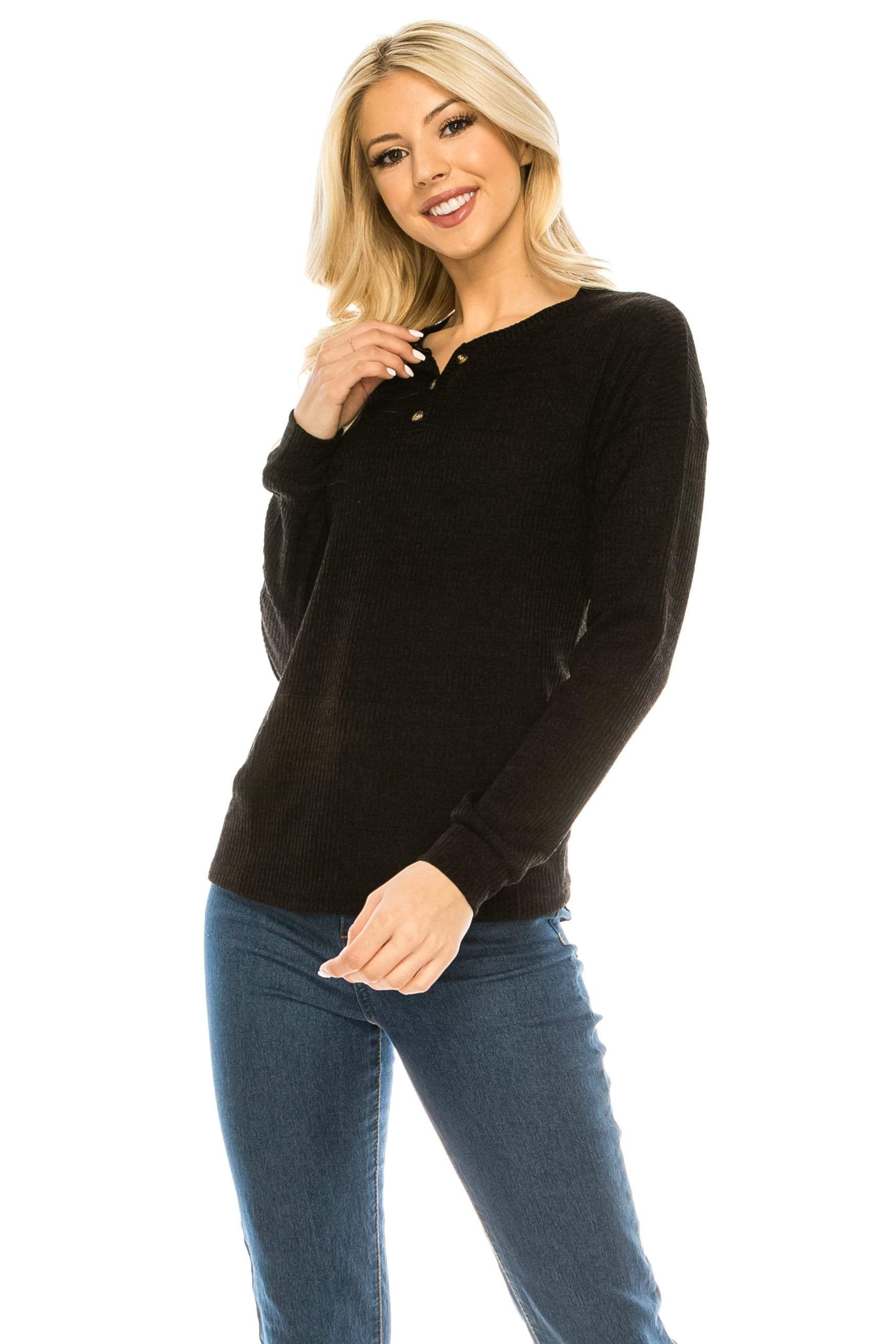 Haute Edition Women's Rib Kit Henley Top with Front Pocket