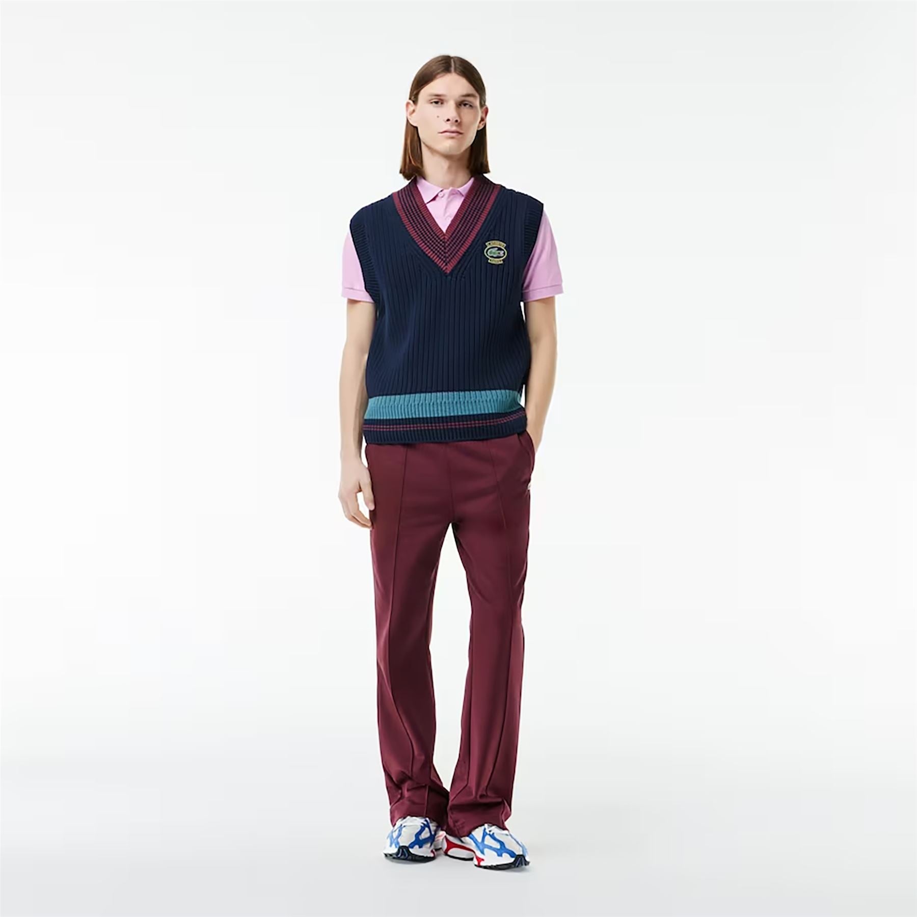 Heavy Cotton Knit Relaxed Fit V-Neck Vest Navy/Bordeaux - SS24