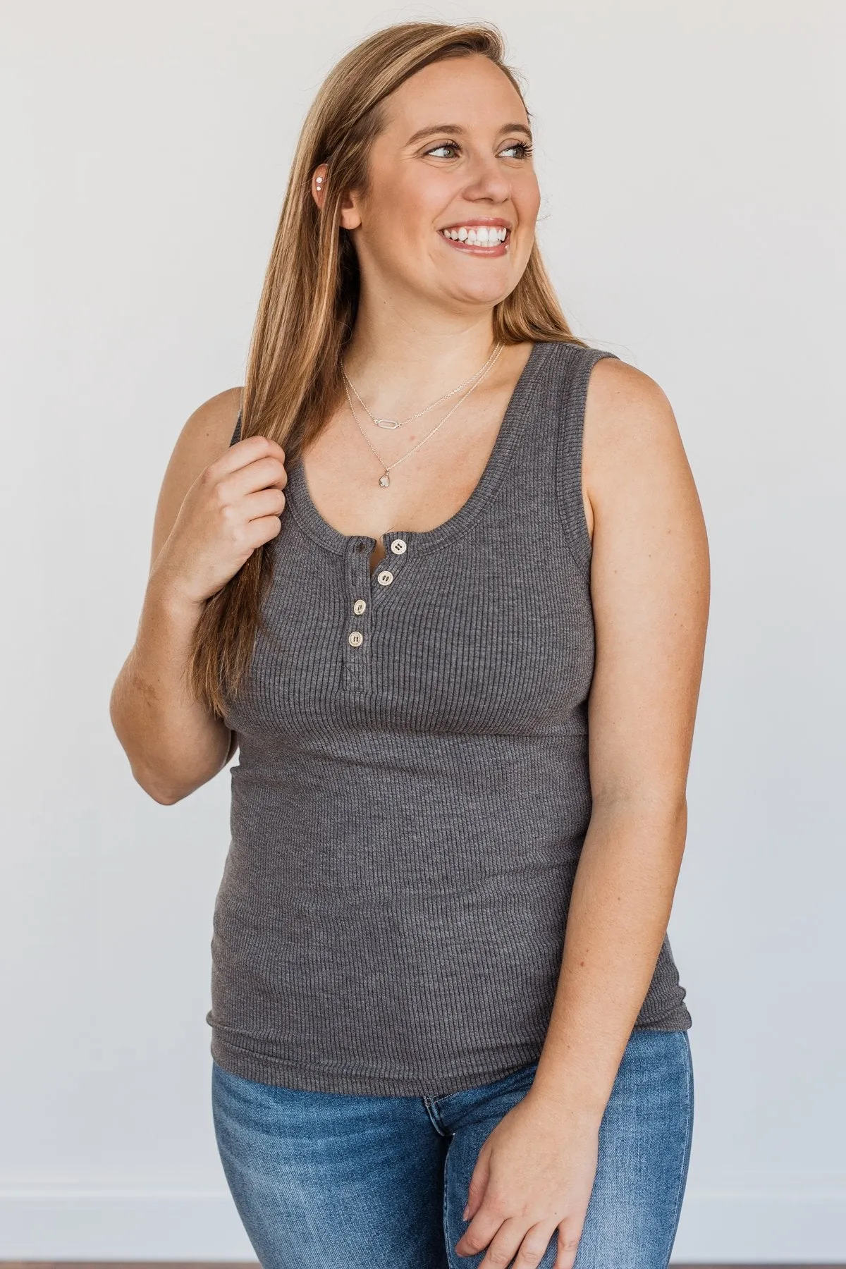 In My Feelings Henley Tank Top- Charcoal