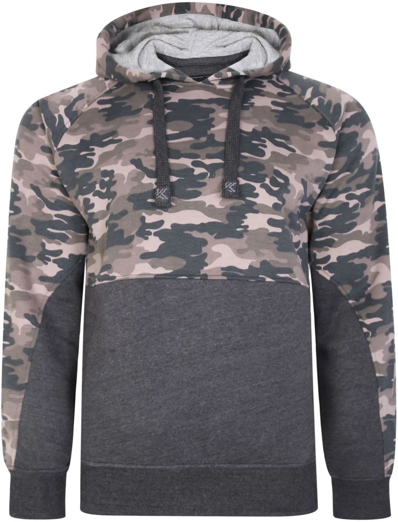 Kam Over The Head Cut & Sew Camo Panel Hoody - Charcoal