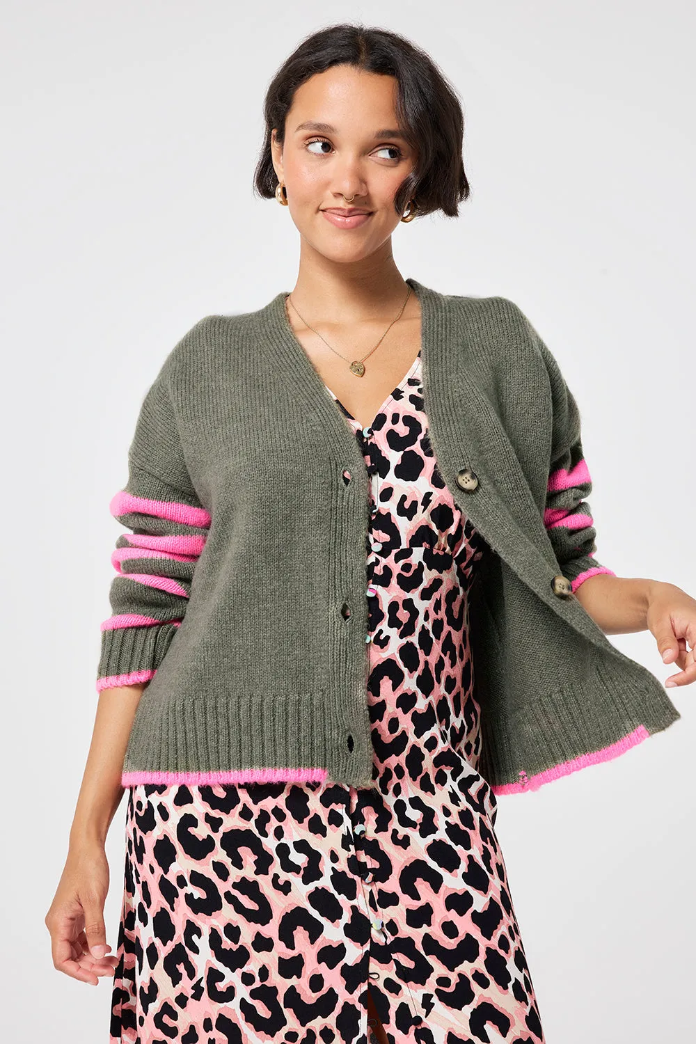 Khaki and Pink Stripe Cardigan