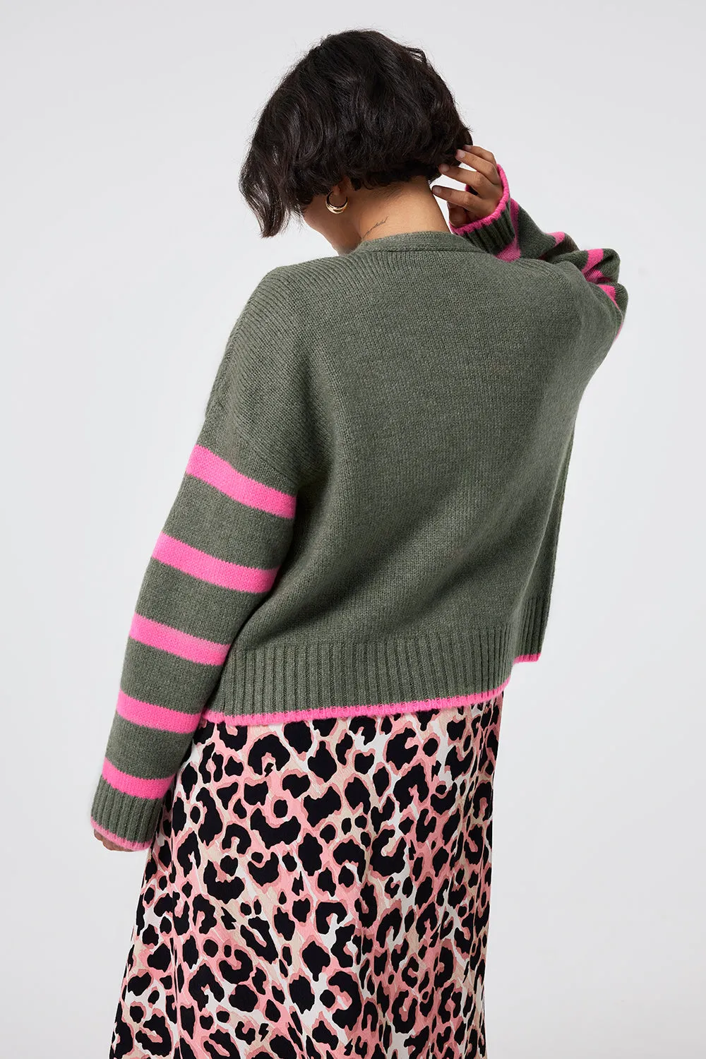 Khaki and Pink Stripe Cardigan