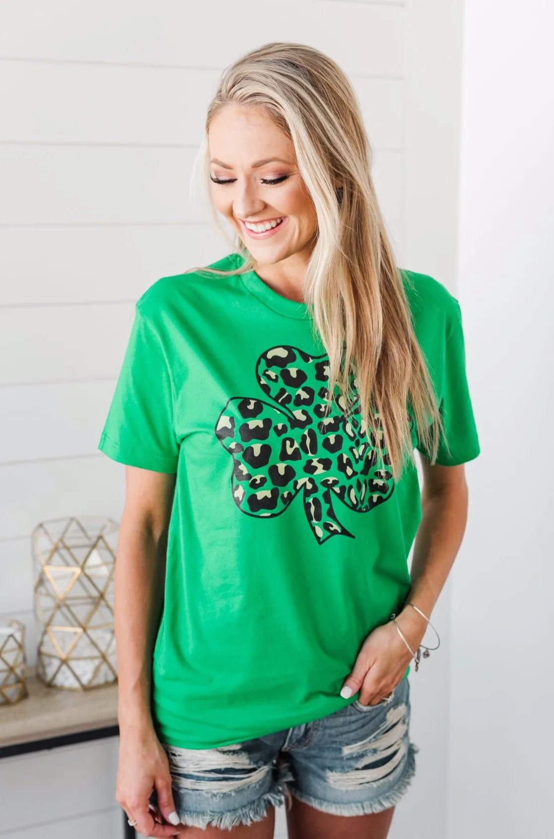 Leopard Shamrock Graphic Tee- Kelly Green