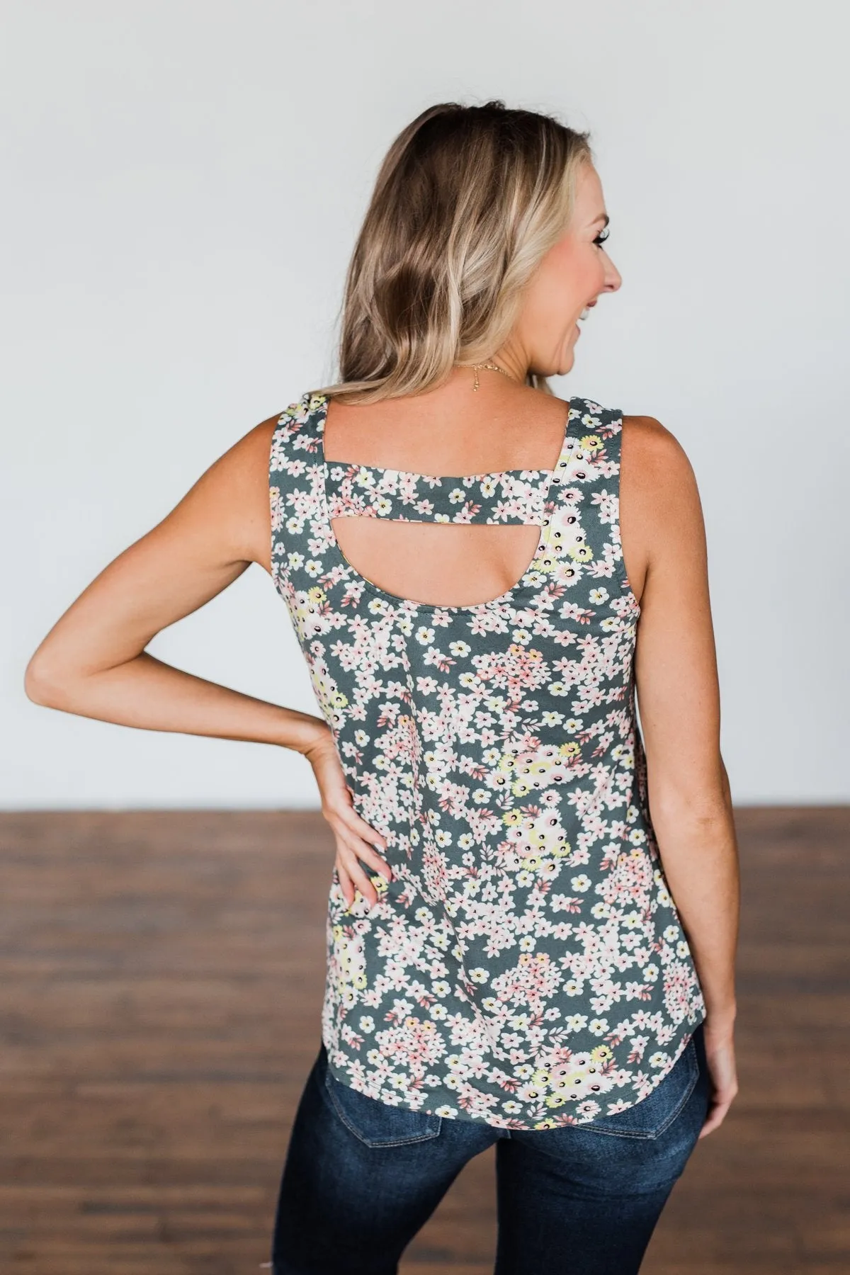 Let's Begin Again Floral Tank Top- Deep Sage