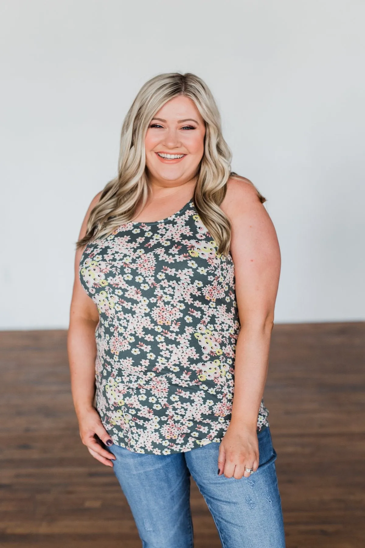 Let's Begin Again Floral Tank Top- Deep Sage