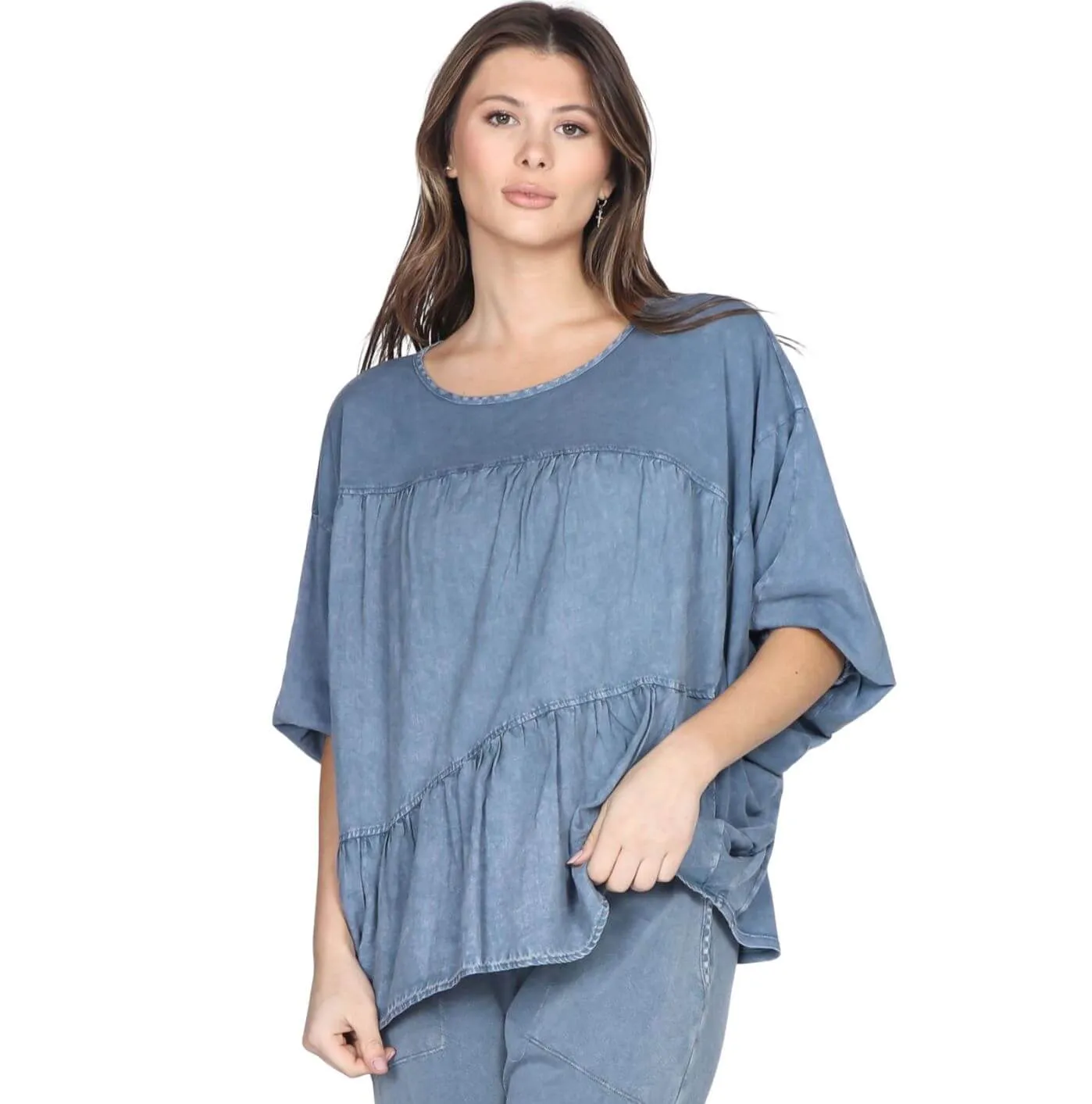 Linen Contrast Top with Pleating in Front Made in USA