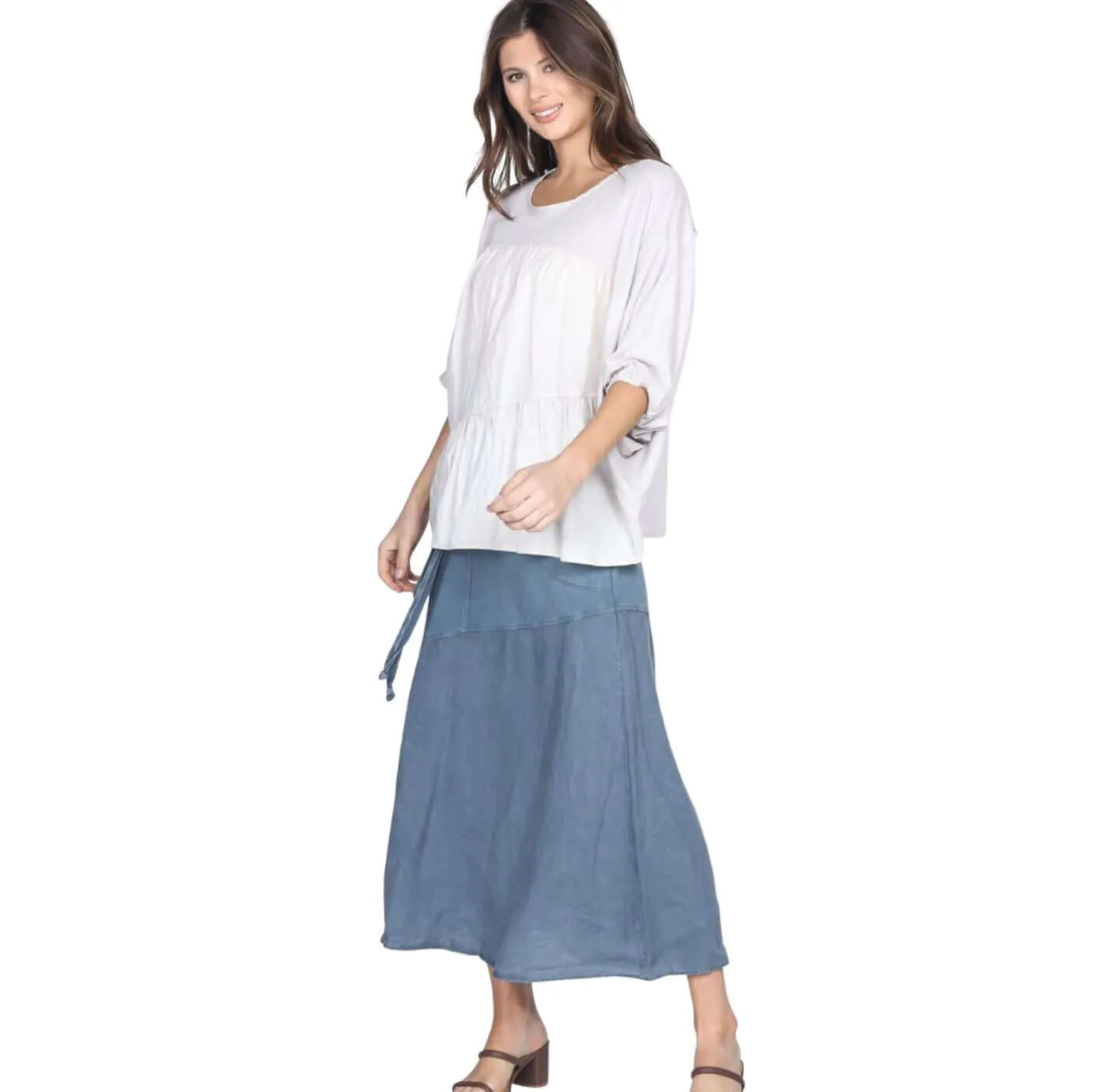 Linen Contrast Top with Pleating in Front Made in USA