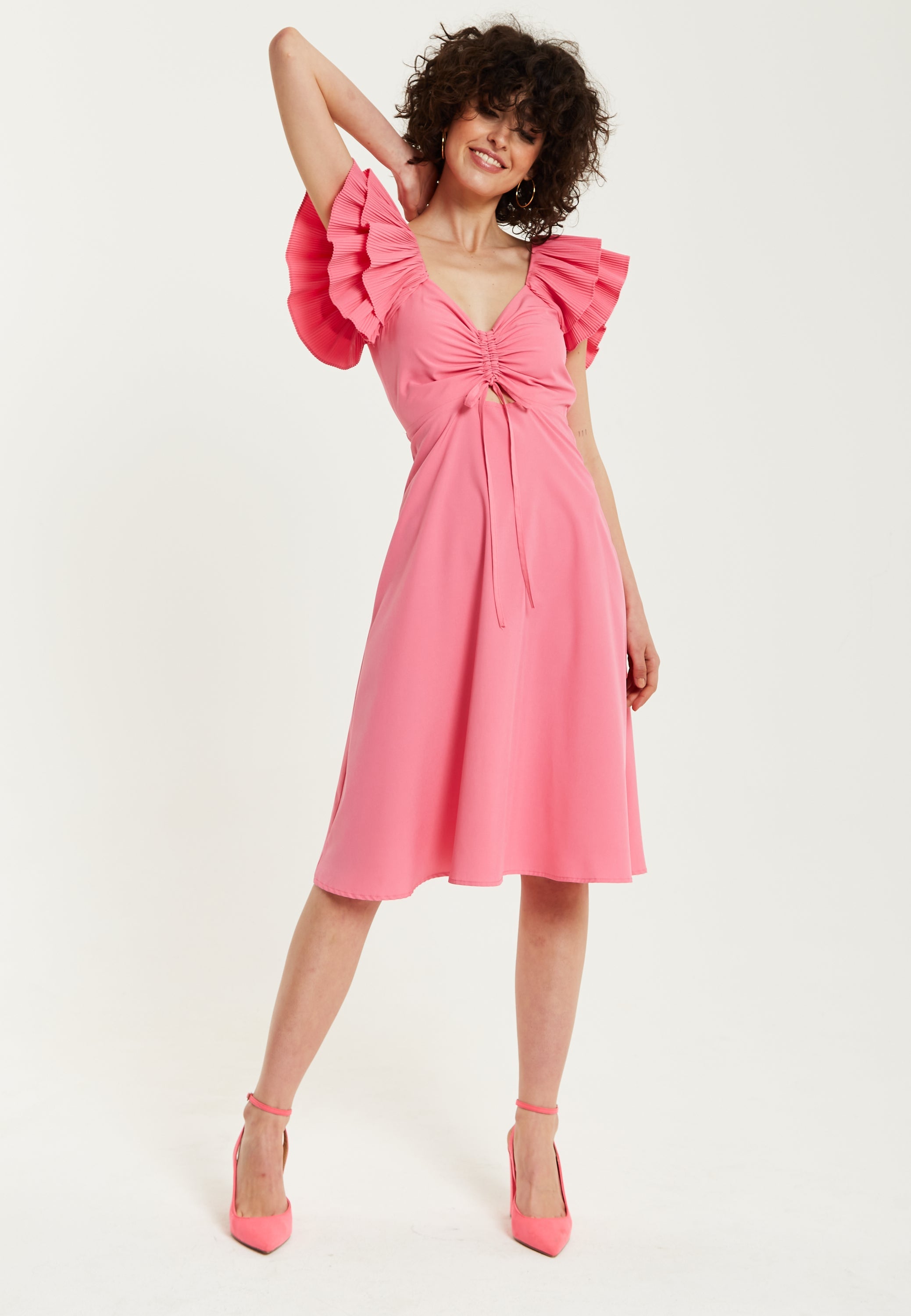 Liquorish Frill Sleeves Midi In Pink With Ruching Front