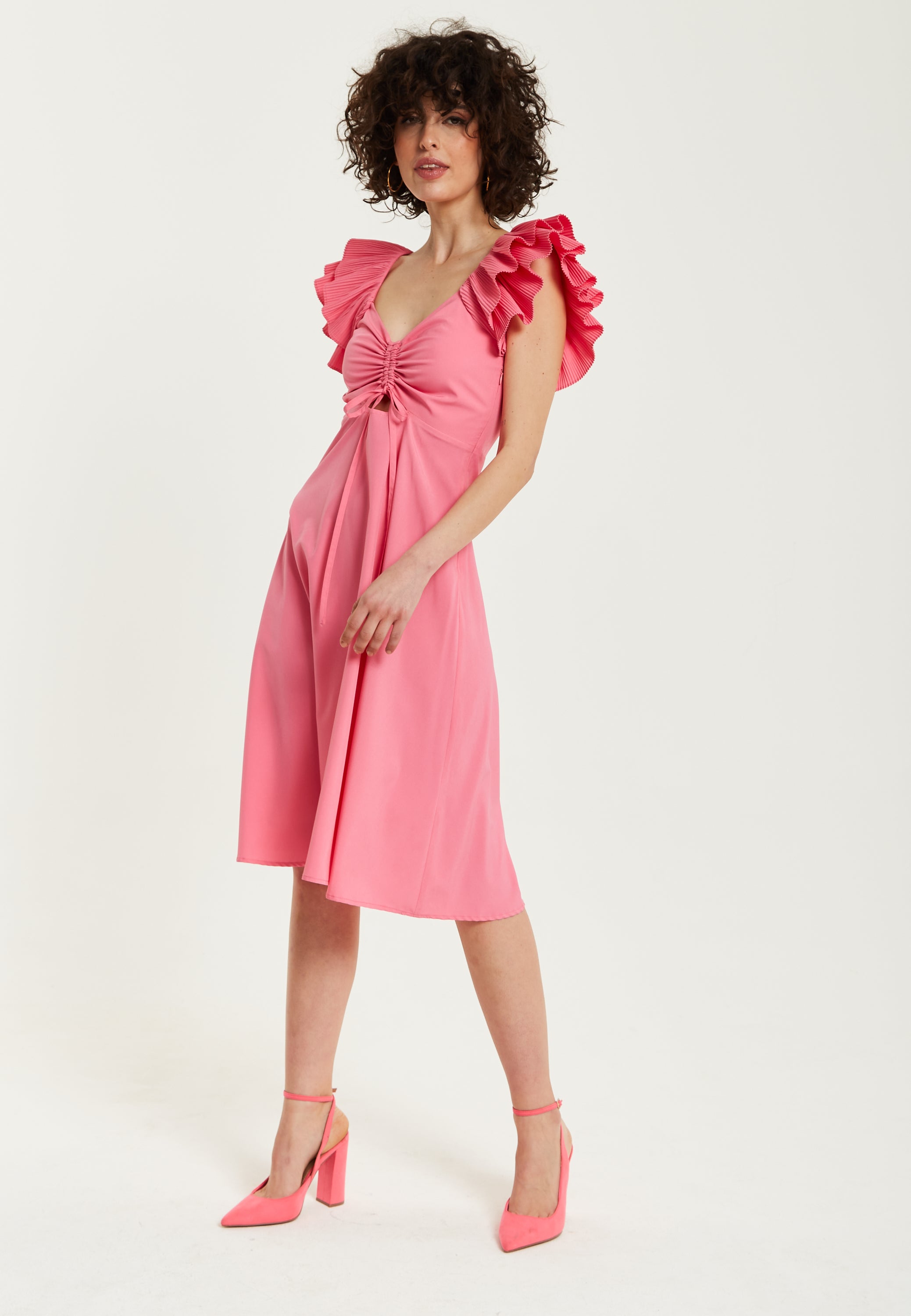 Liquorish Frill Sleeves Midi In Pink With Ruching Front