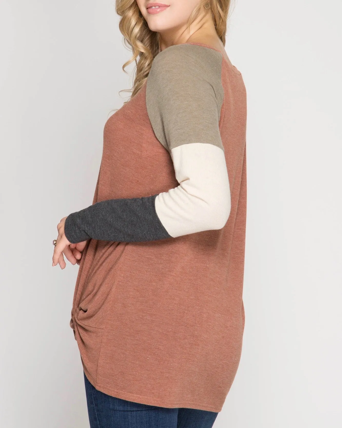 Long Color Blocked Sleeve Top with Front Twist in Cinnamon