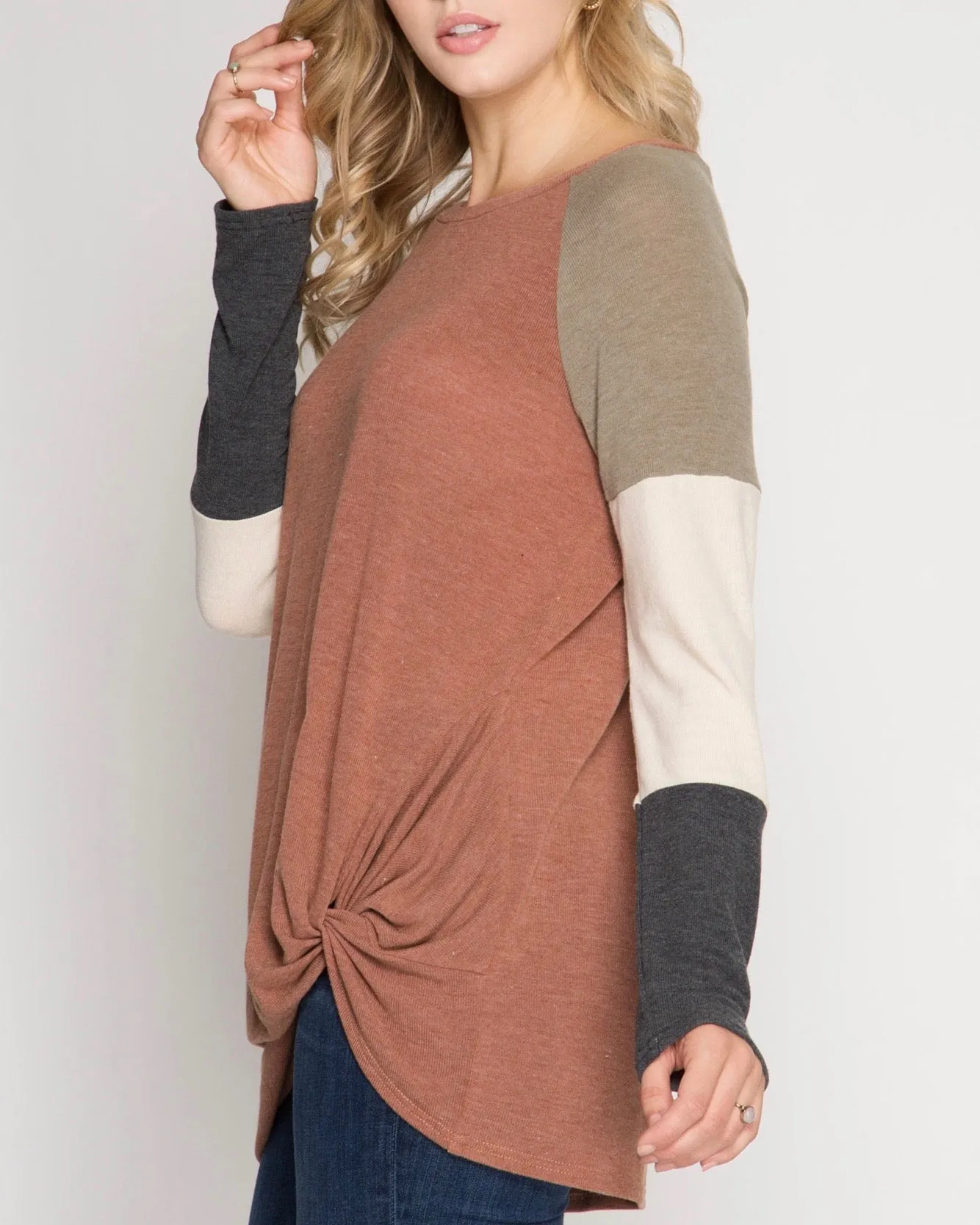 Long Color Blocked Sleeve Top with Front Twist in Cinnamon