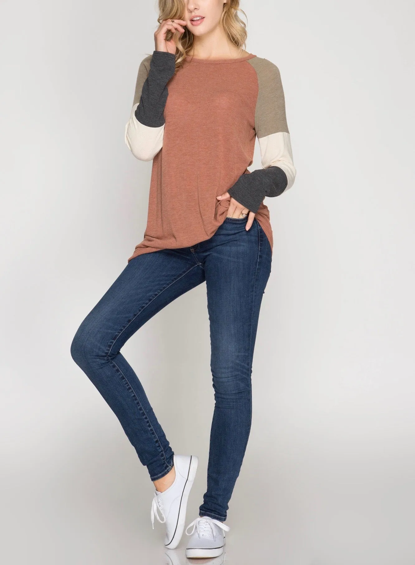 Long Color Blocked Sleeve Top with Front Twist in Cinnamon