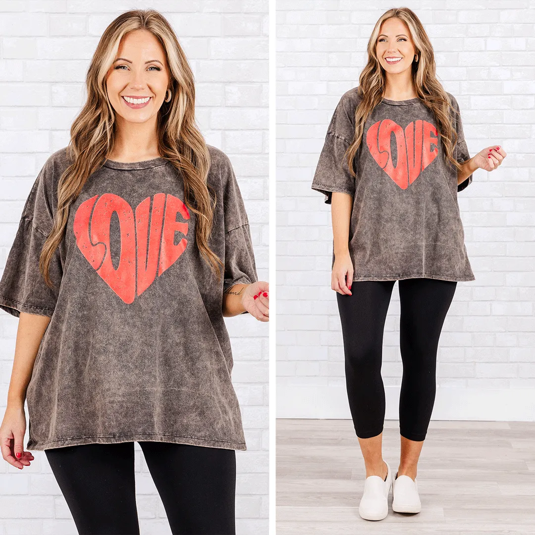 Love Is In The Air Acid Wash Boyfriend Tee, Ash Black