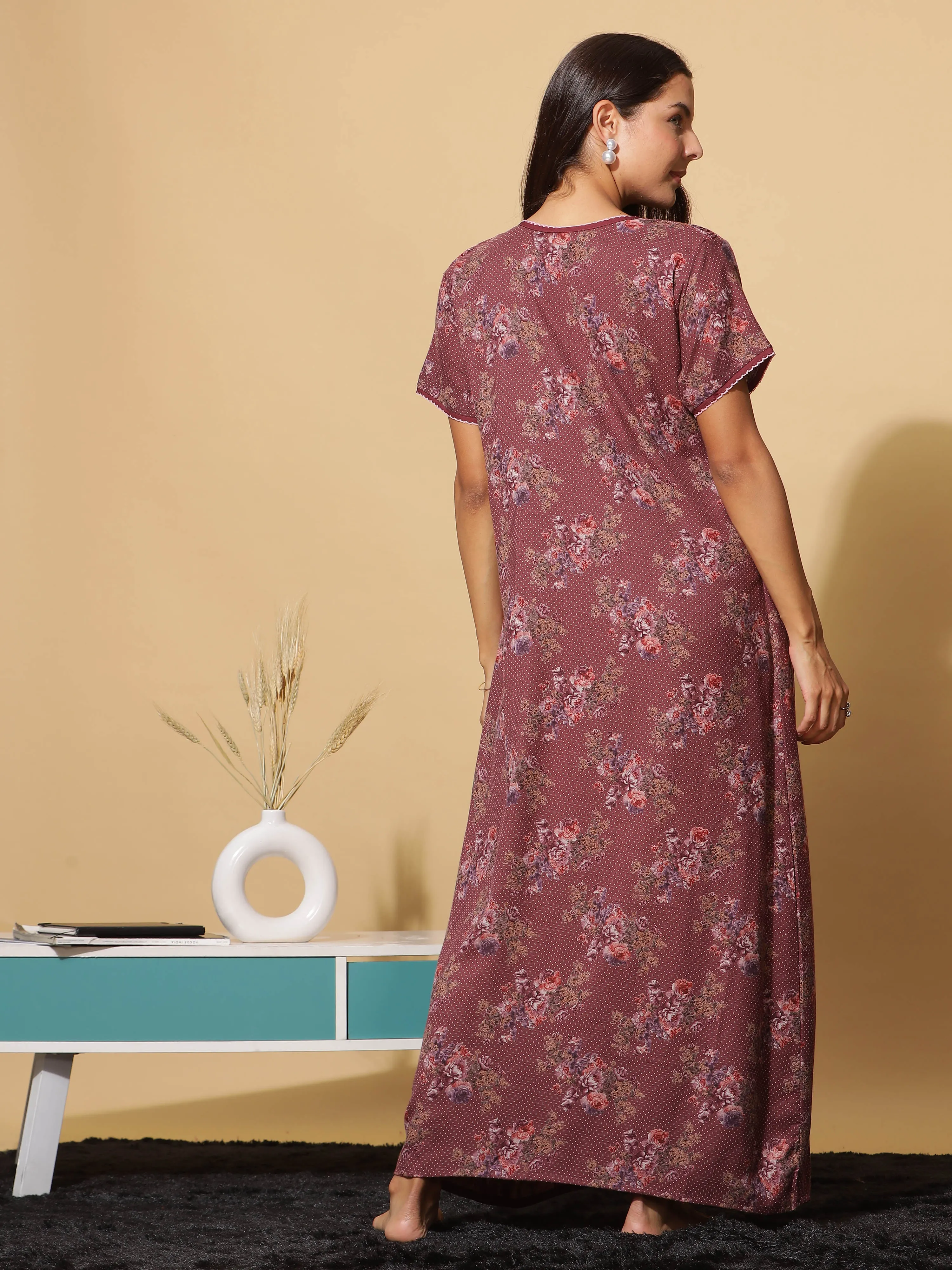 Luxurious Red Wine Alpine Maxi Nighty with Front Buttons & Pocket