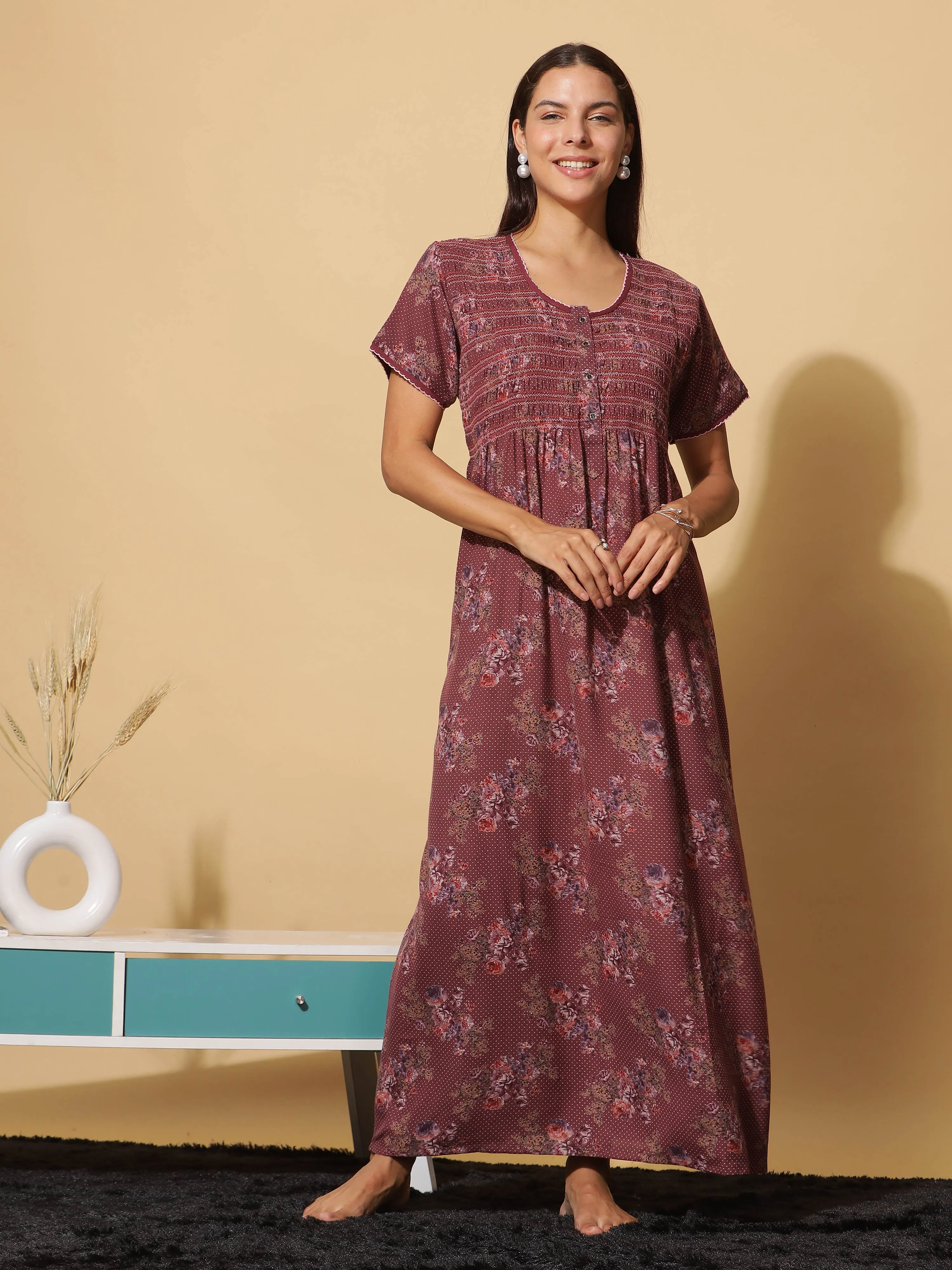 Luxurious Red Wine Alpine Maxi Nighty with Front Buttons & Pocket