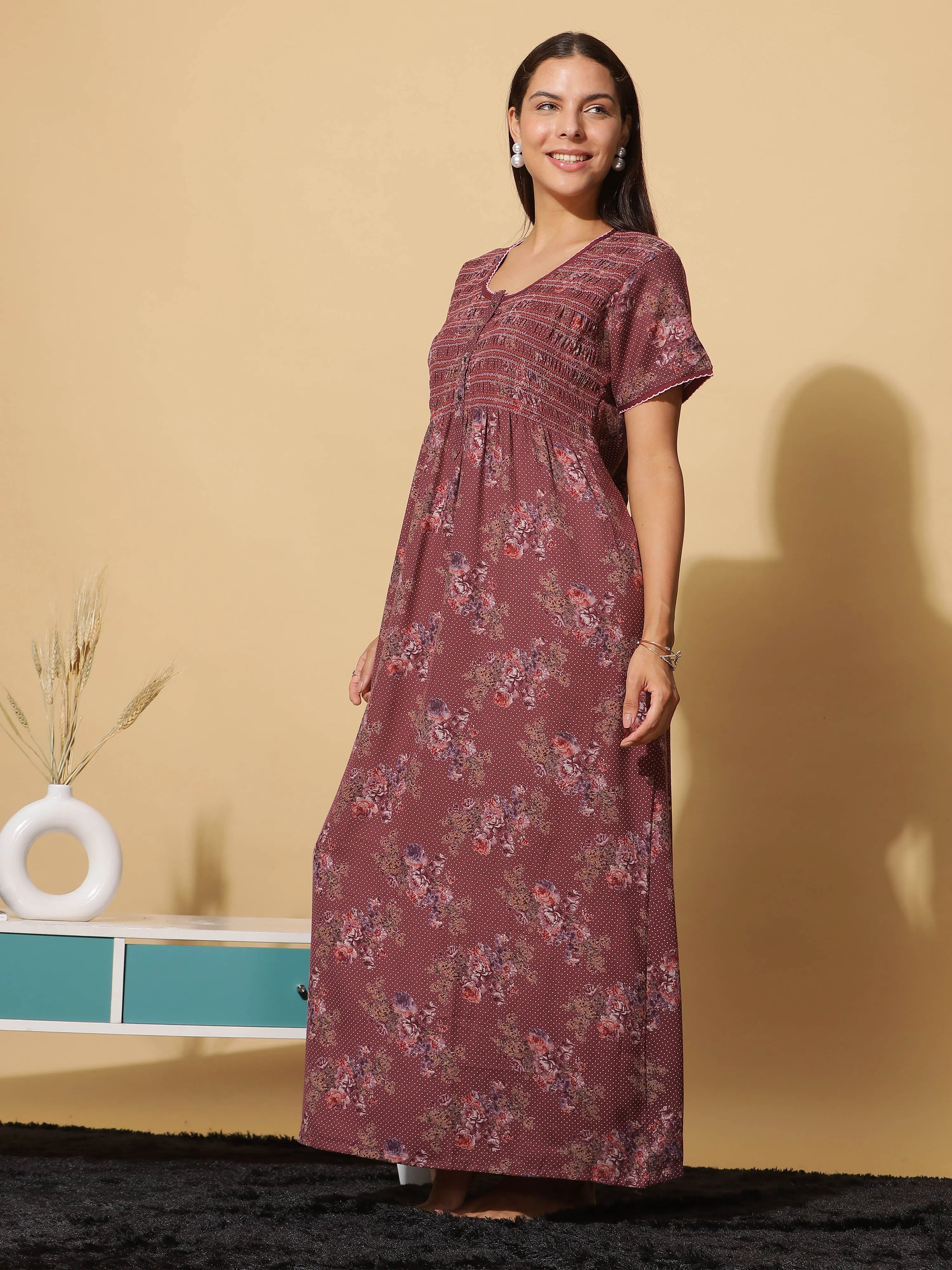 Luxurious Red Wine Alpine Maxi Nighty with Front Buttons & Pocket