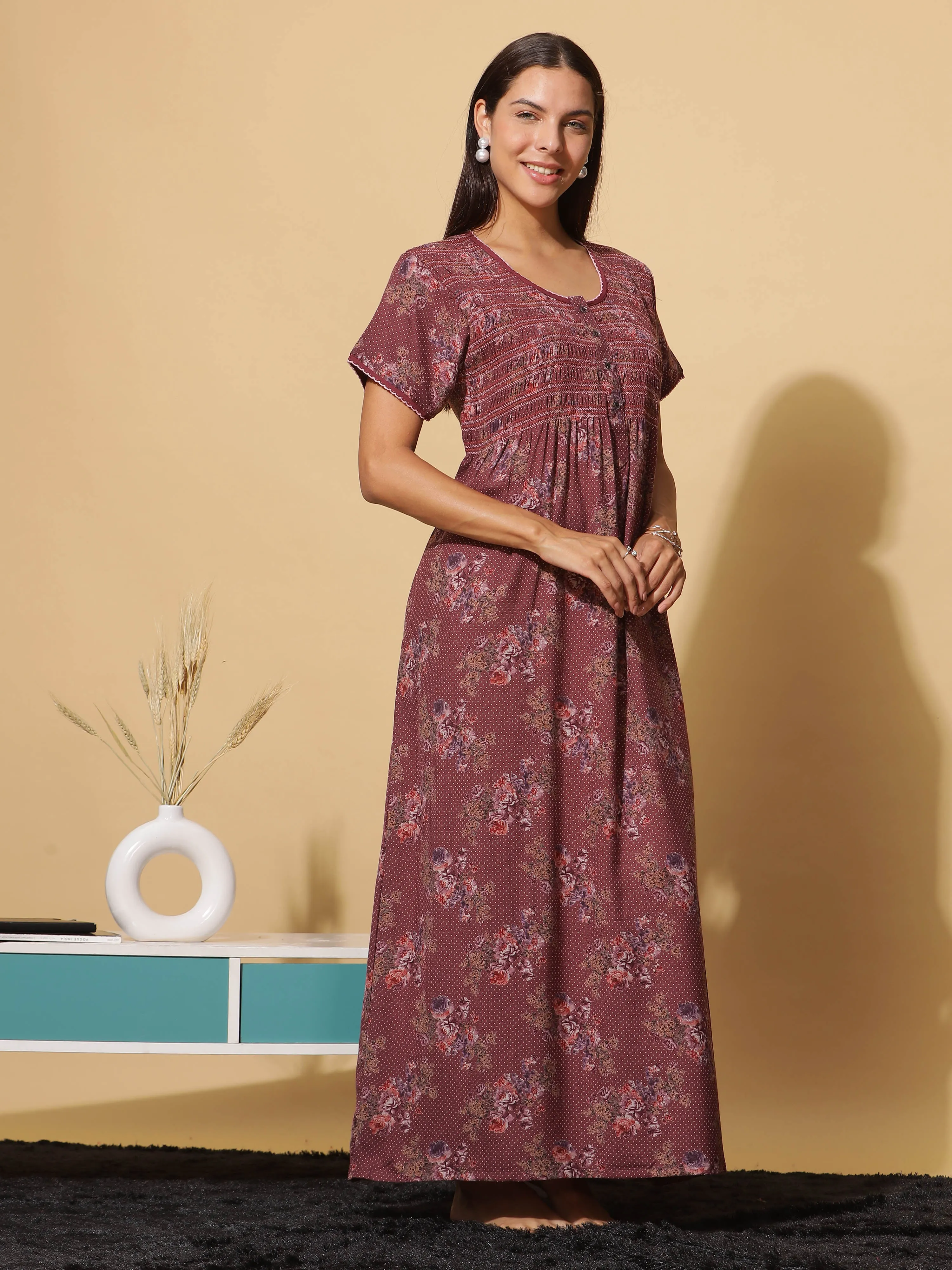 Luxurious Red Wine Alpine Maxi Nighty with Front Buttons & Pocket