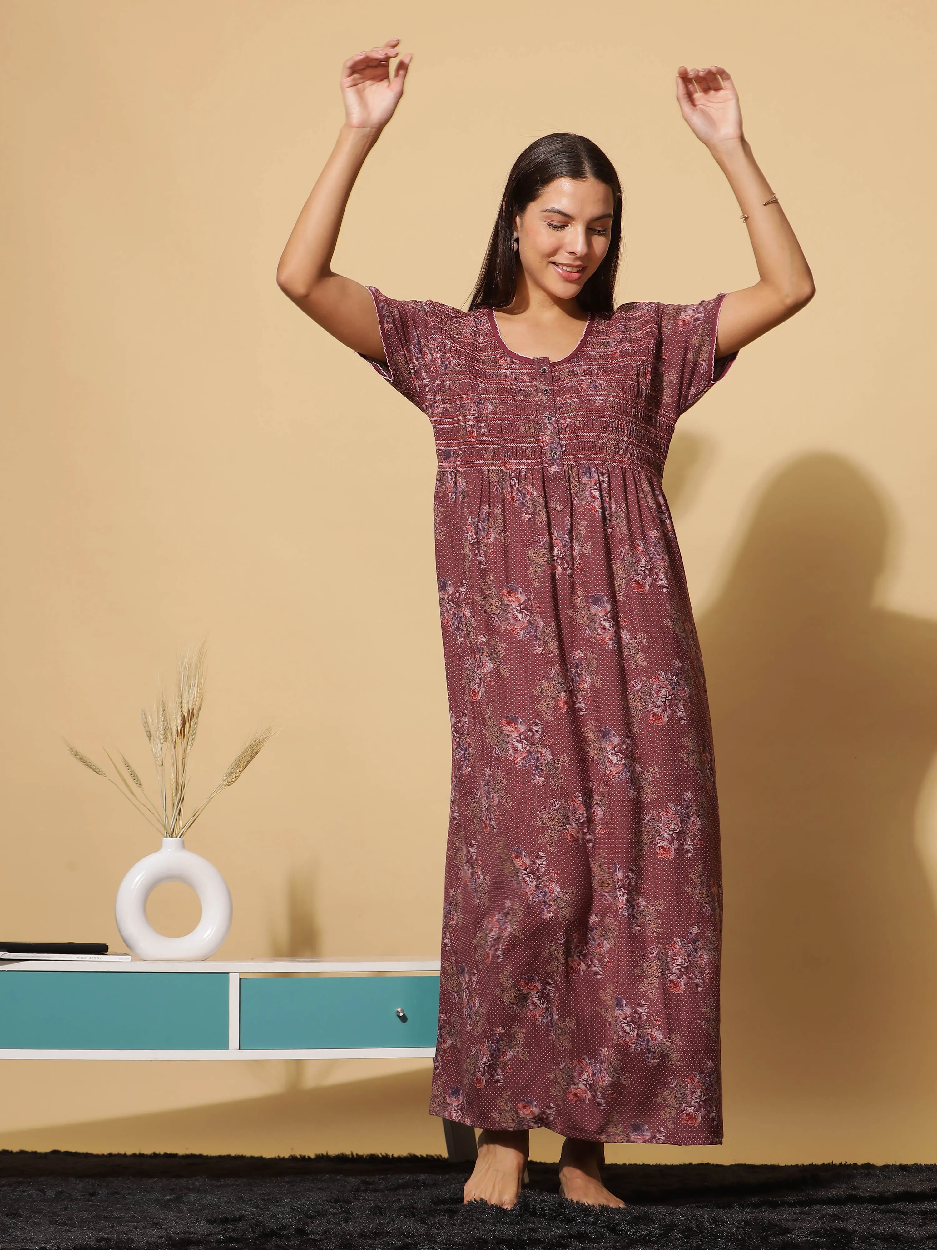 Luxurious Red Wine Alpine Maxi Nighty with Front Buttons & Pocket