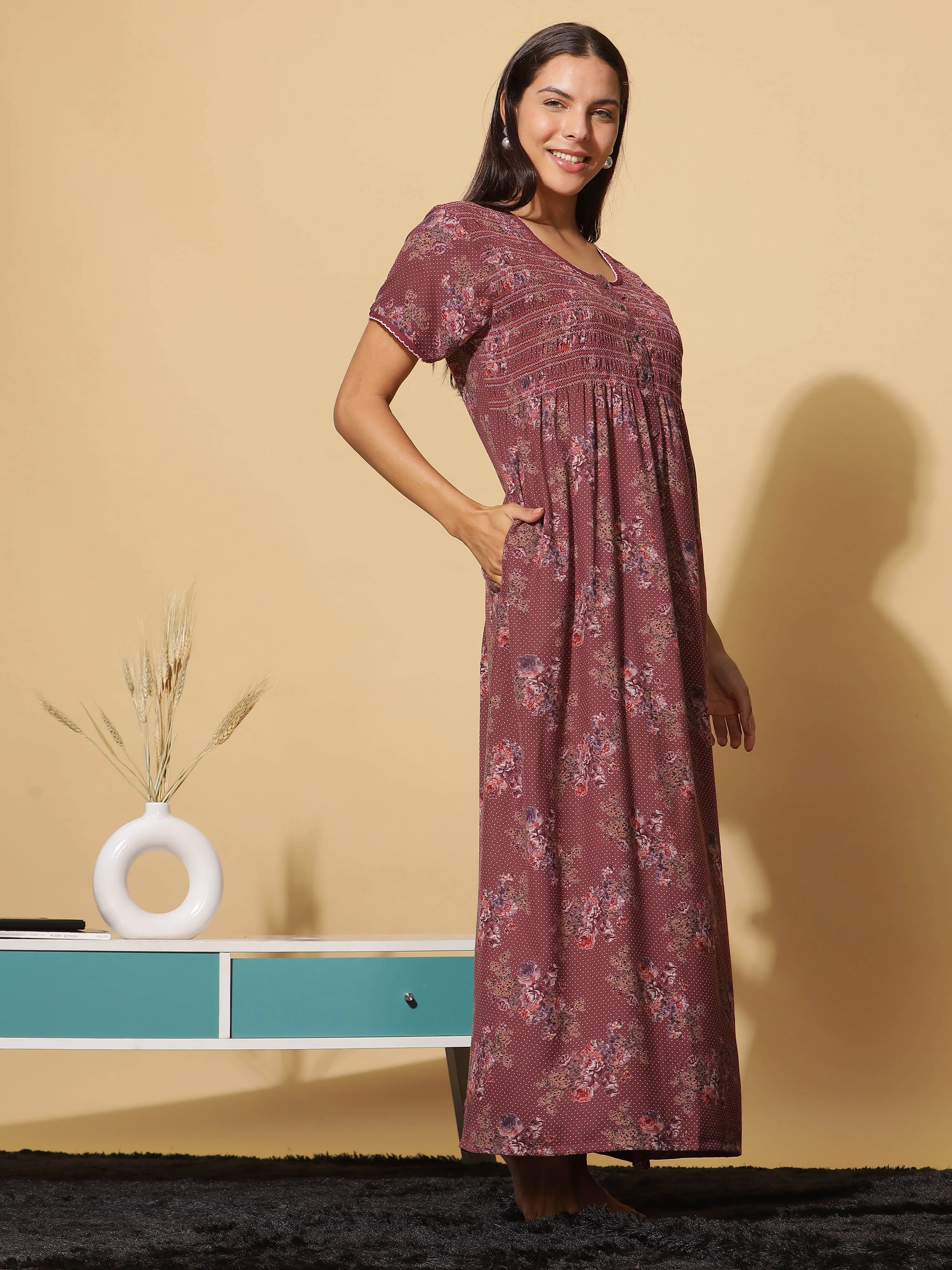 Luxurious Red Wine Alpine Maxi Nighty with Front Buttons & Pocket