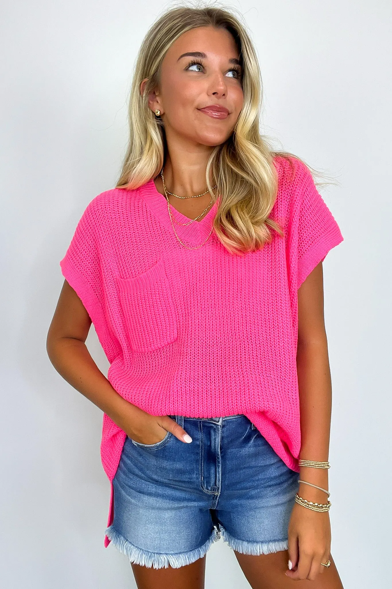 Marieka V-Neck Knit Pocket Top