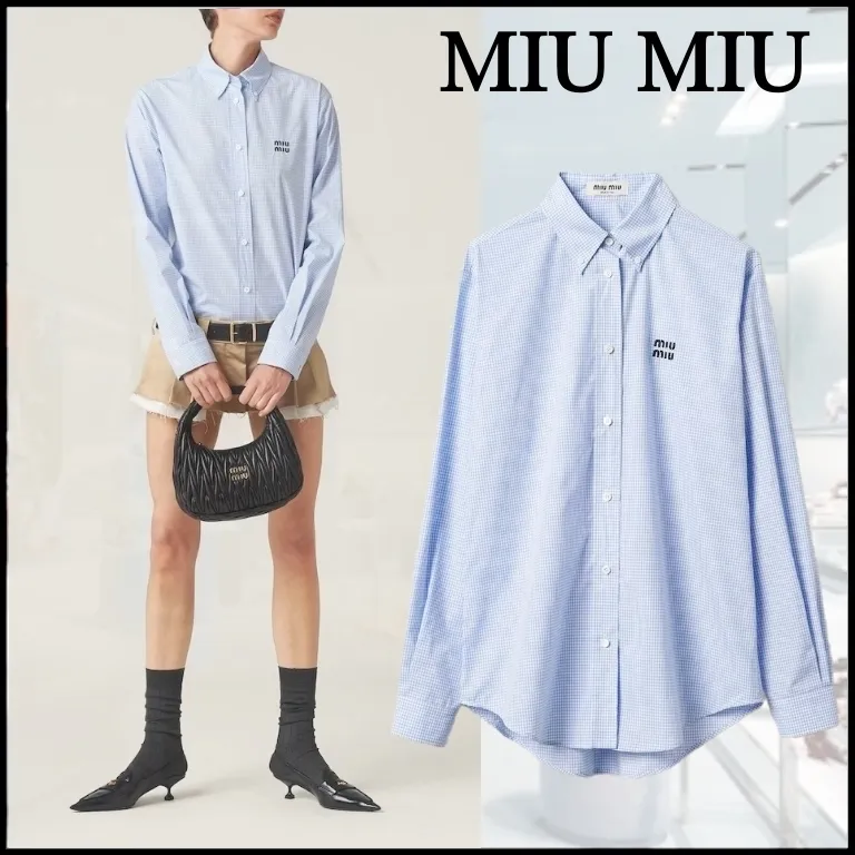 MiuMiu  |Gingham Casual Style Long Sleeves Cotton Logo