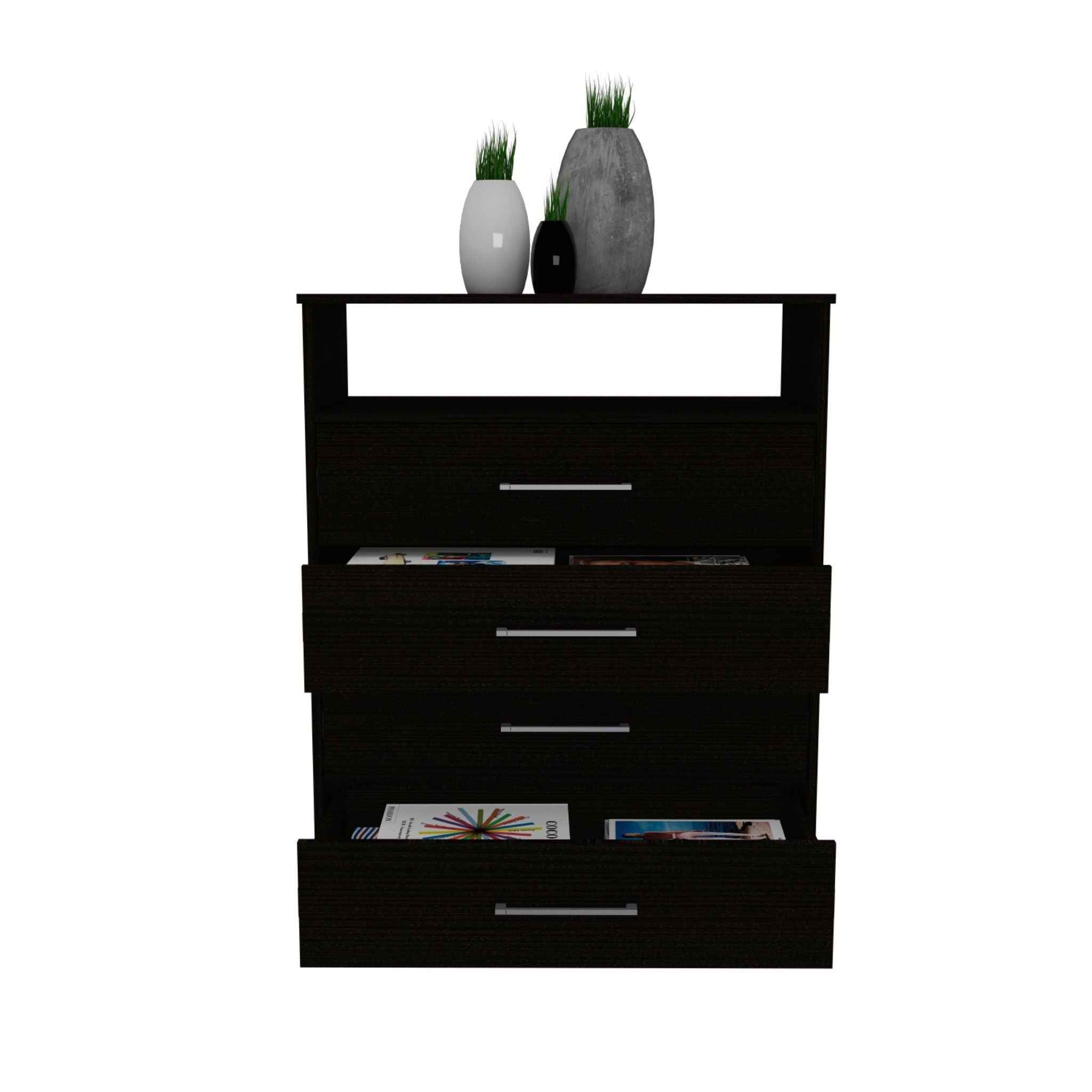 Modern Black Four Drawer Dresser with Hutch