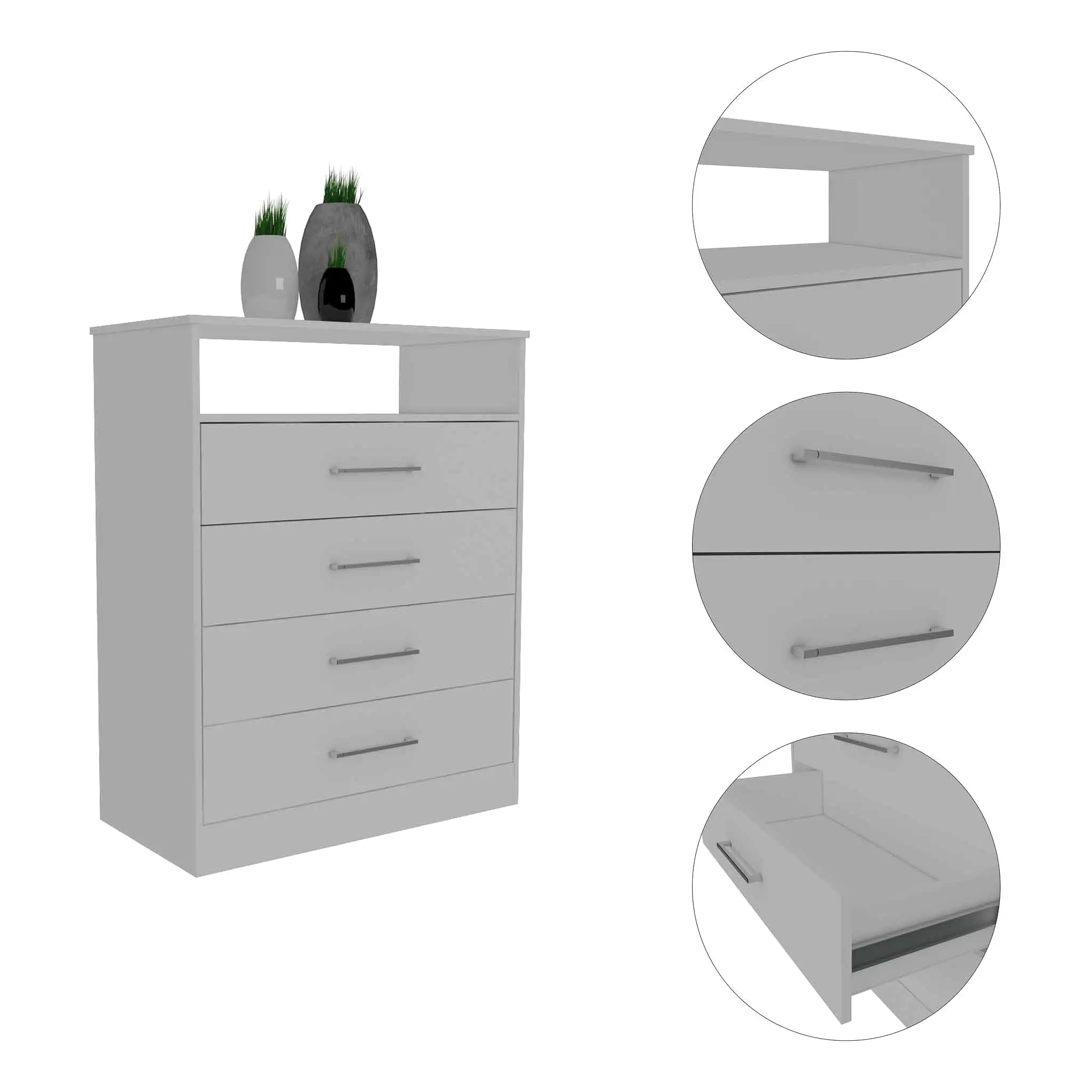 Modern White Four Drawer Dresser with Hutch