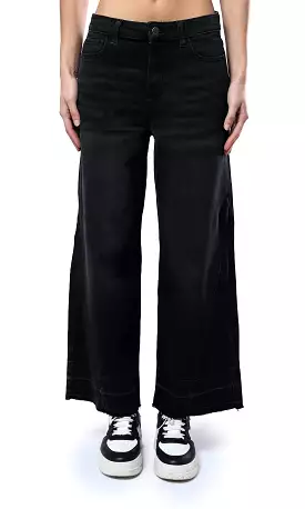 O182220 Solid Black Wide-Leg Jeans With Front Wash