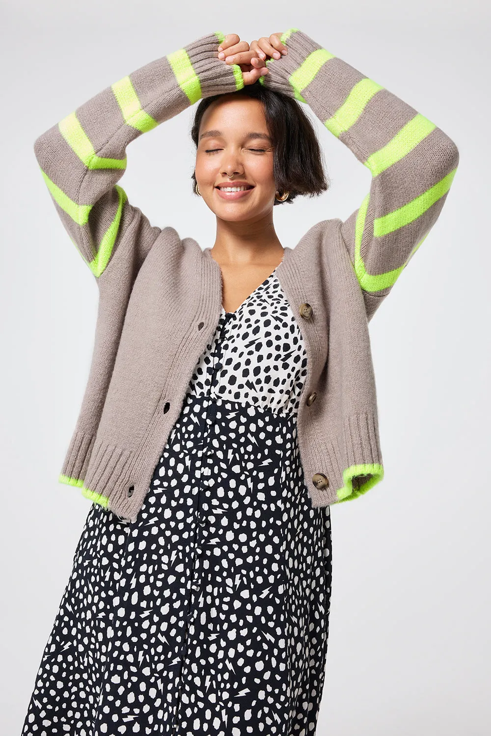 Oatmeal and Neon Yellow Stripe Cardigan