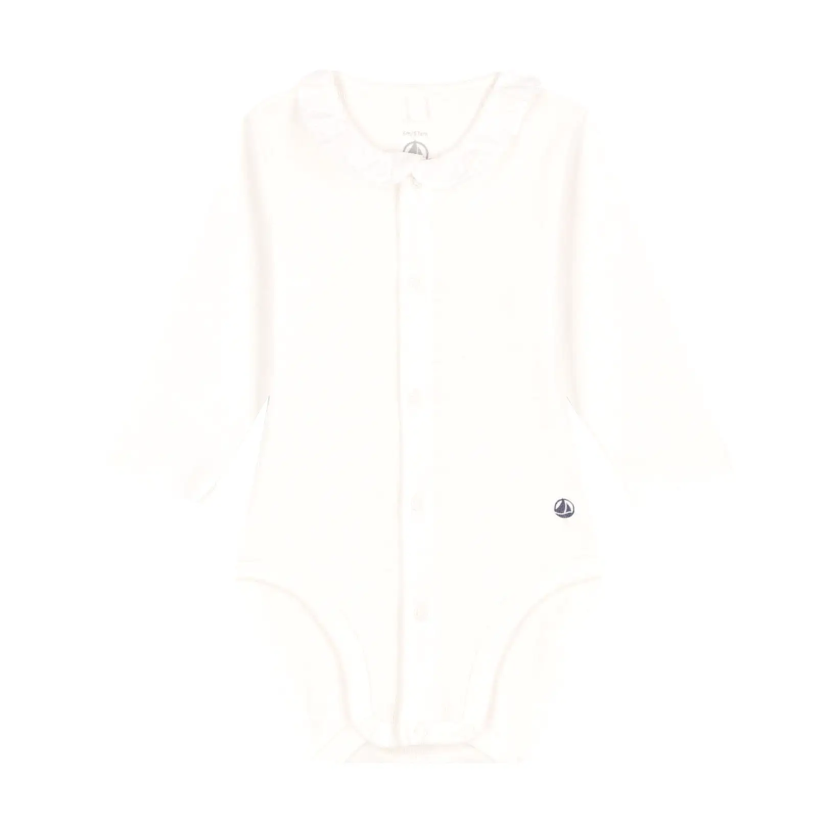 Petit Bateau Long Sleeve Bodysuit with Front Snaps and Ruffle Collar - White