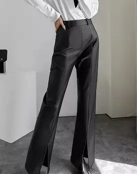 PU Leather Slim Pants With Front Slit