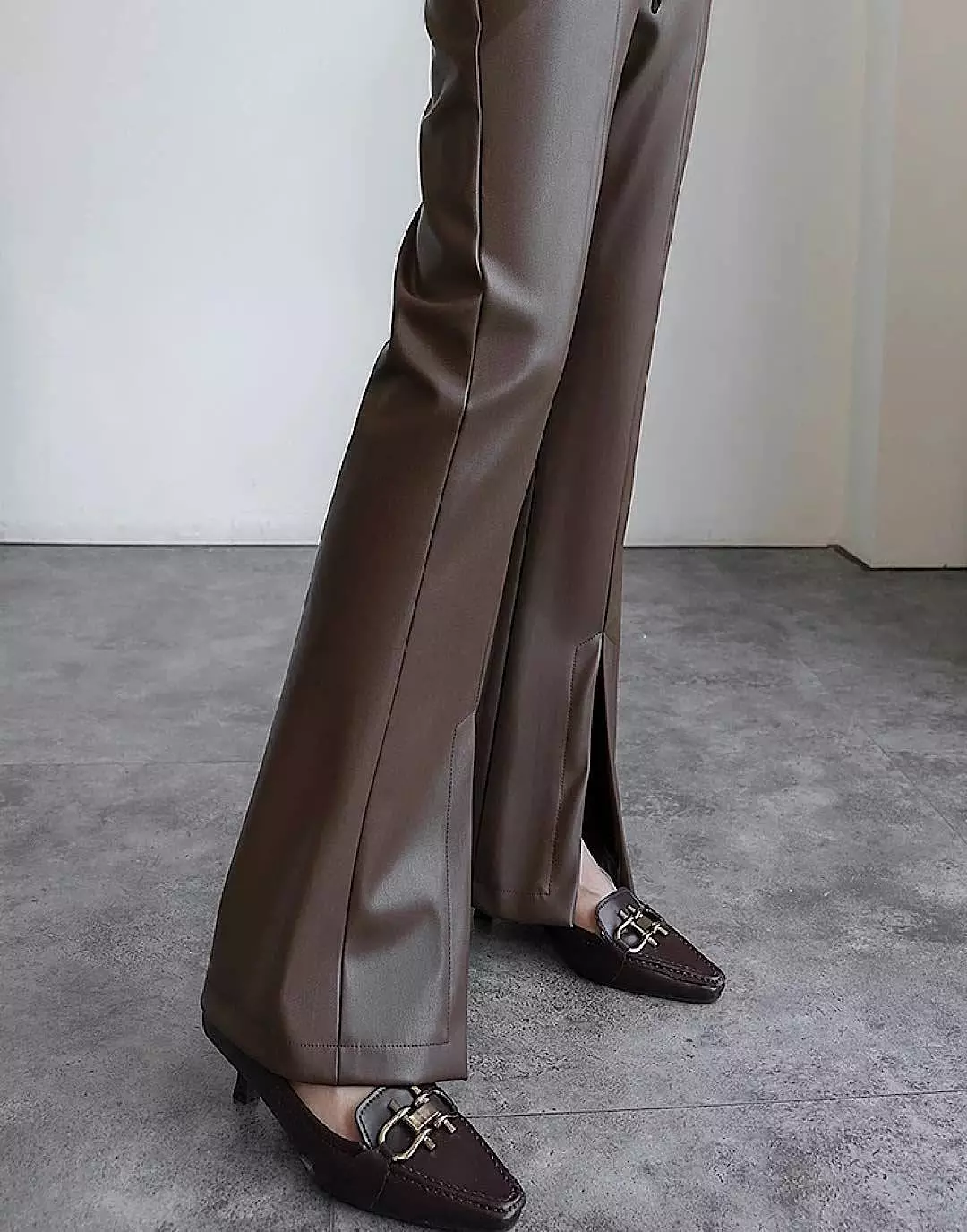 PU Leather Slim Pants With Front Slit