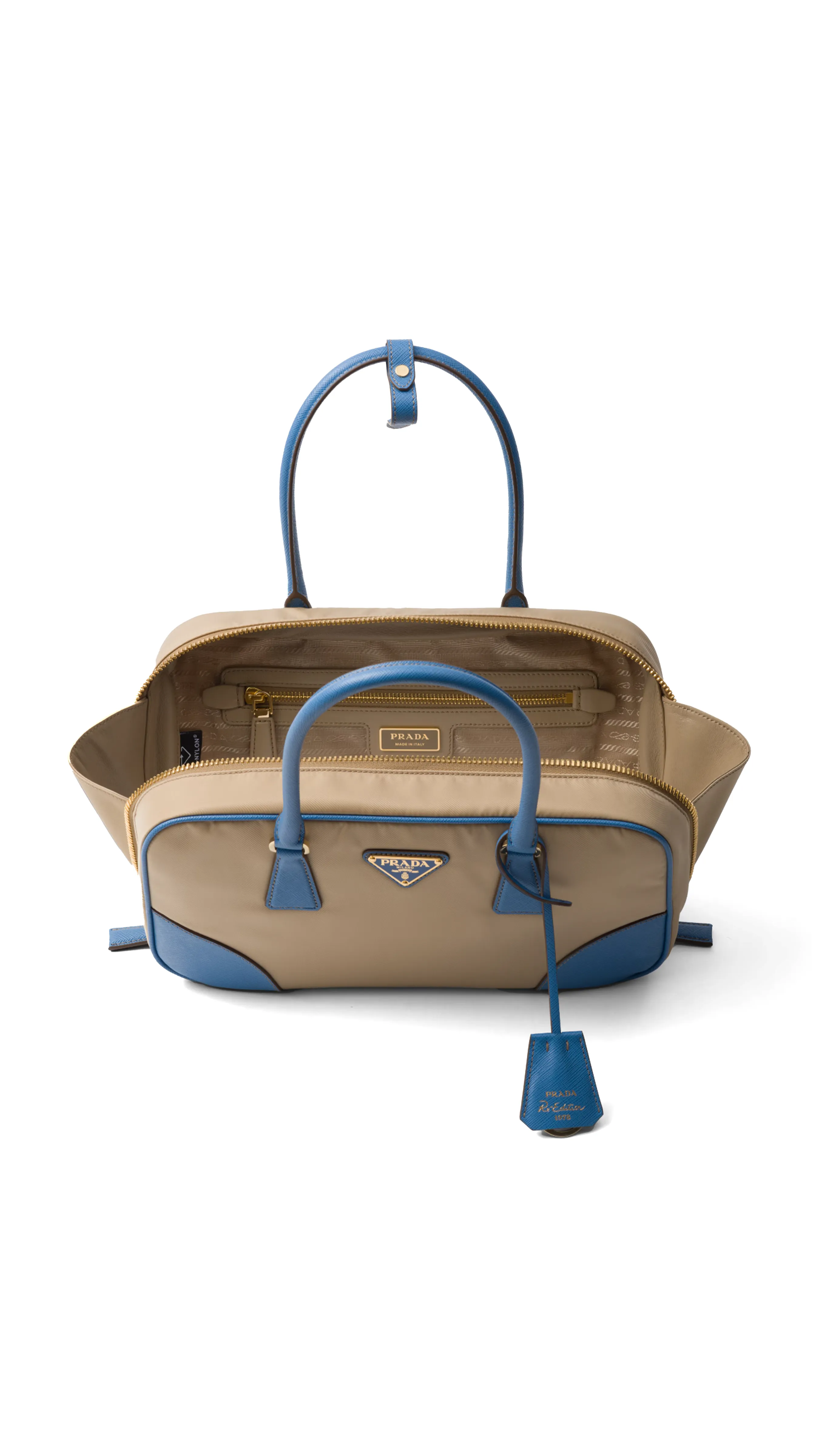 Re-Edition 1978 Medium Re-Nylon and Saffiano Leather Two-Handle Bag - Camel/Wave