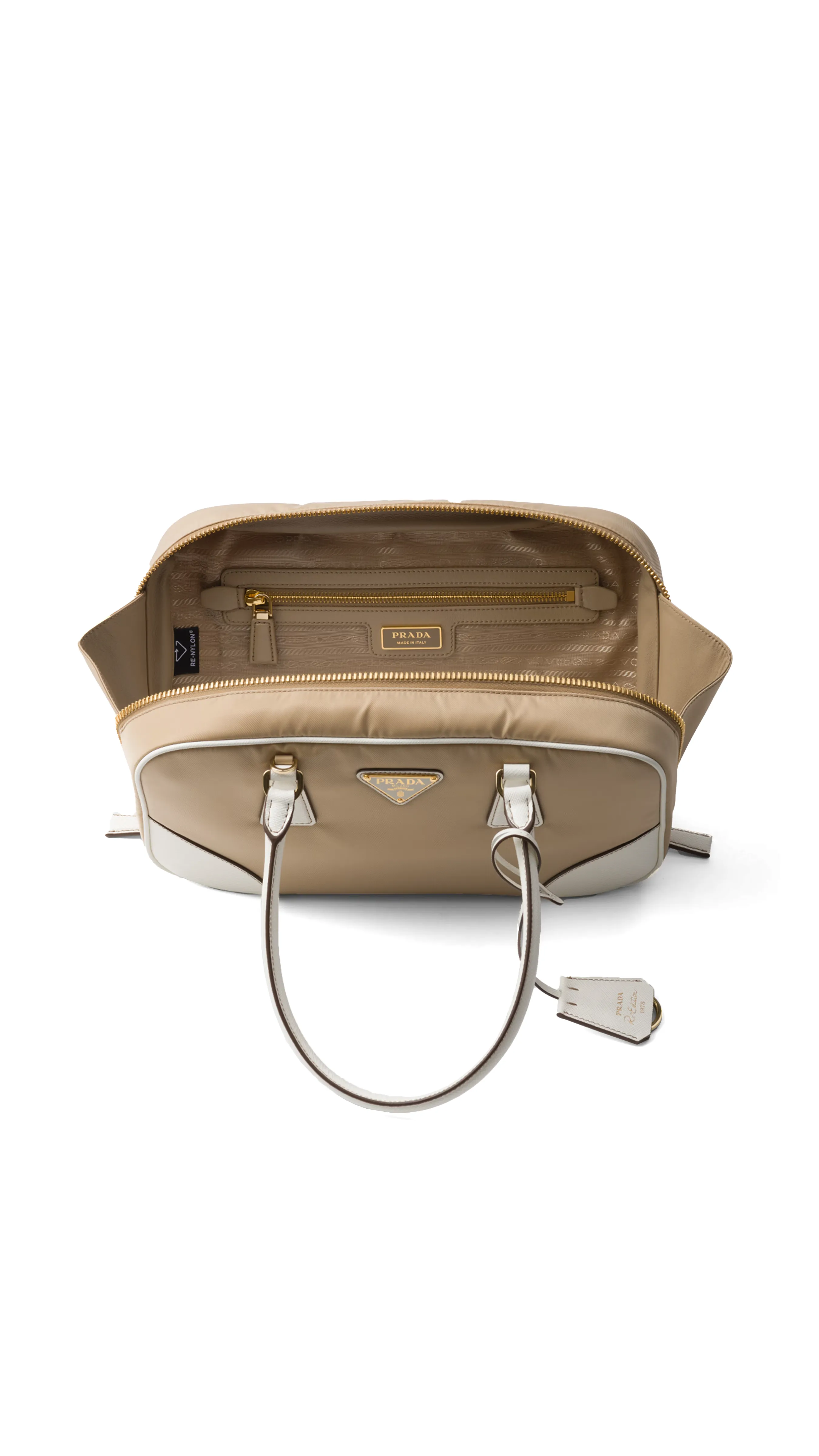 Re-Edition 1978 Medium Re-Nylon and Saffiano Leather Two-Handle Bag - Camel/White