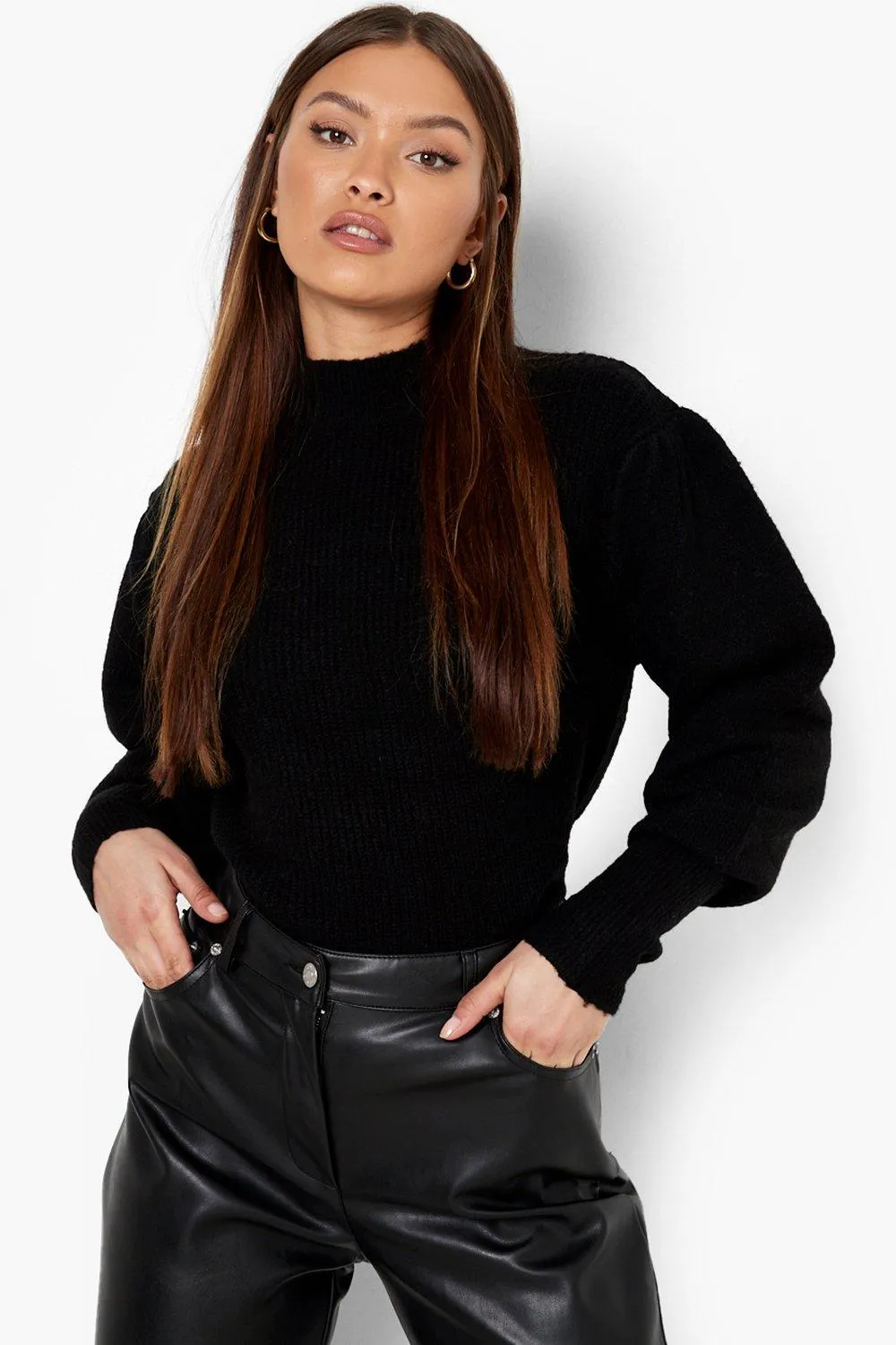 Rib Knit Puff Sleeve High Neck Sweater