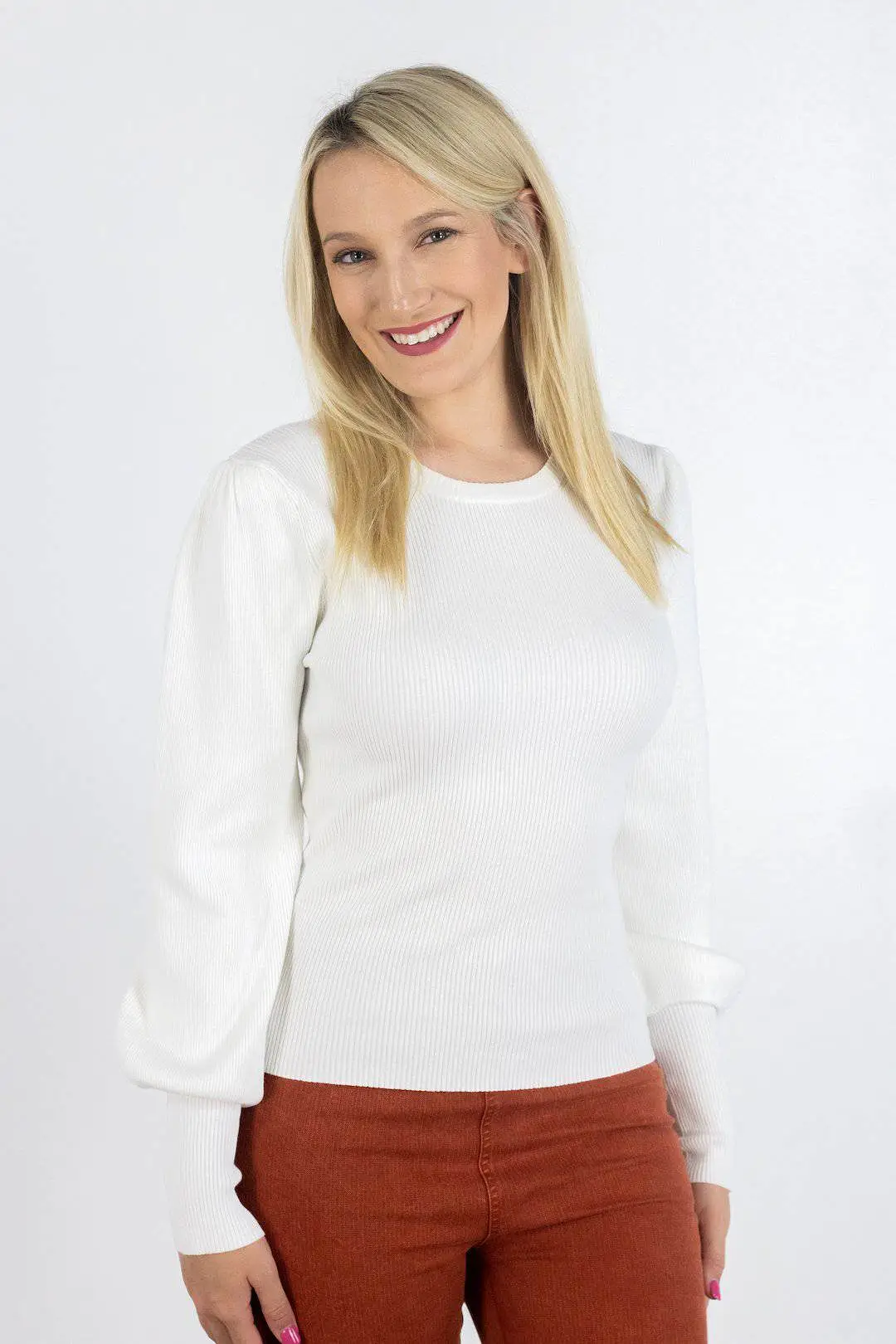 Ribbed White Balloon Sleeve Top