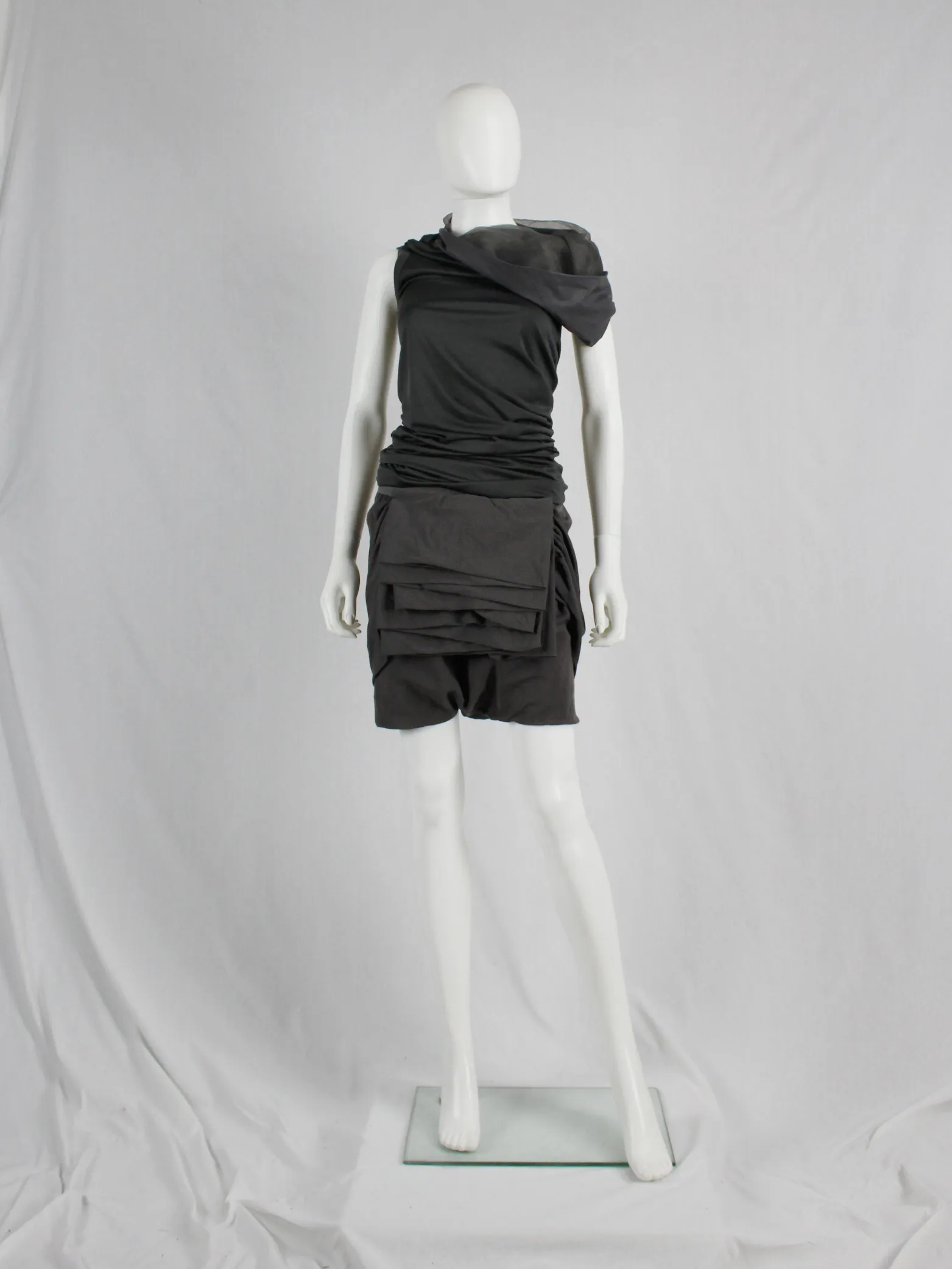 Rick Owens GLEAM brown shorts with front pleating and back drape — fall 2010