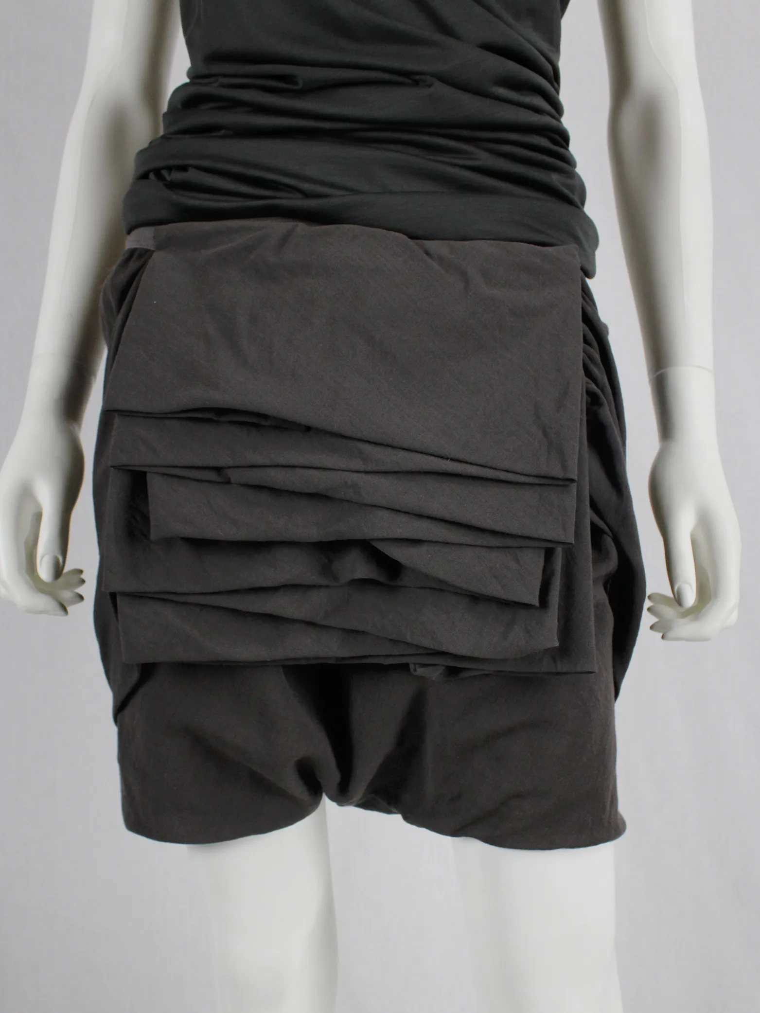 Rick Owens GLEAM brown shorts with front pleating and back drape — fall 2010