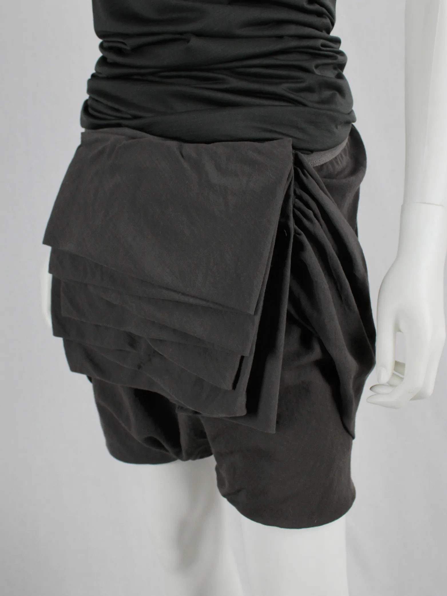 Rick Owens GLEAM brown shorts with front pleating and back drape — fall 2010