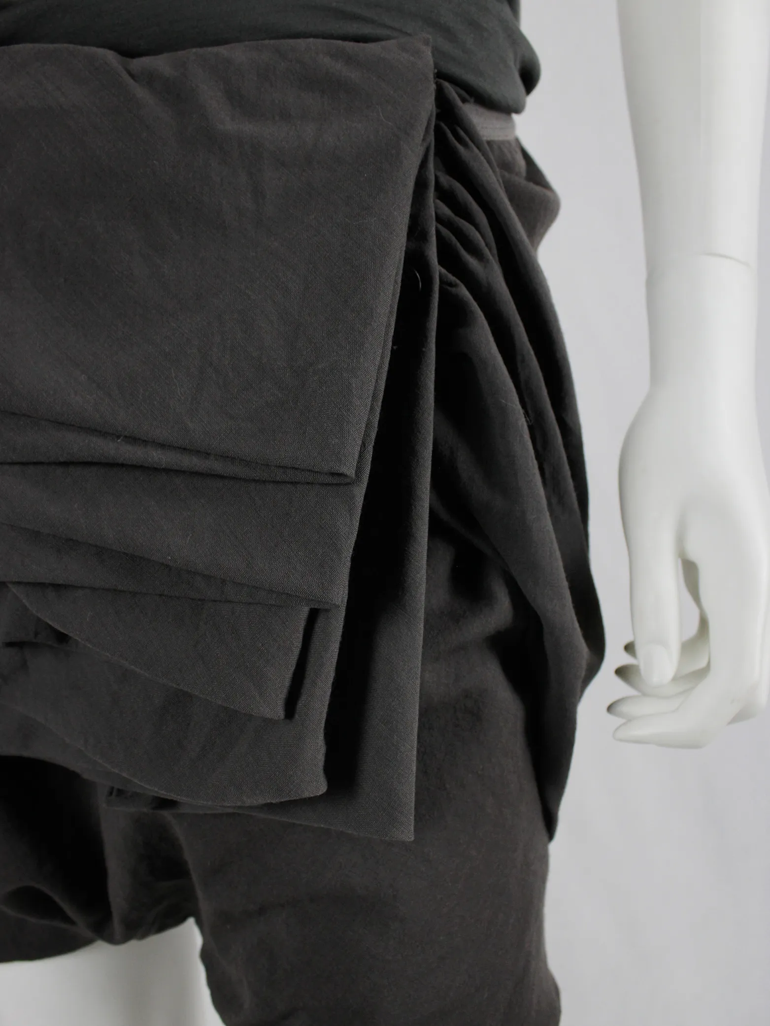 Rick Owens GLEAM brown shorts with front pleating and back drape — fall 2010