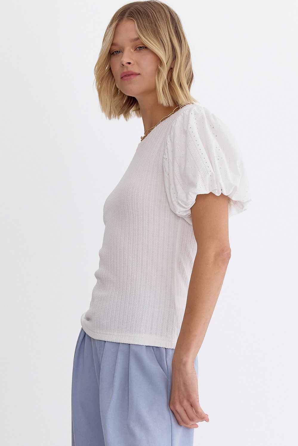 Round Neck Cable Knit Short Sleeve Top