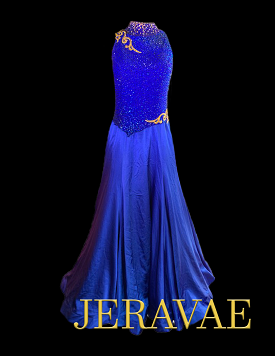 Royal Blue Sleeveless Ballroom Dress with Halter Neckline, Keyhole Back, Gold Lace Appliqués, Swarovski Stones, and Wrapped Hors