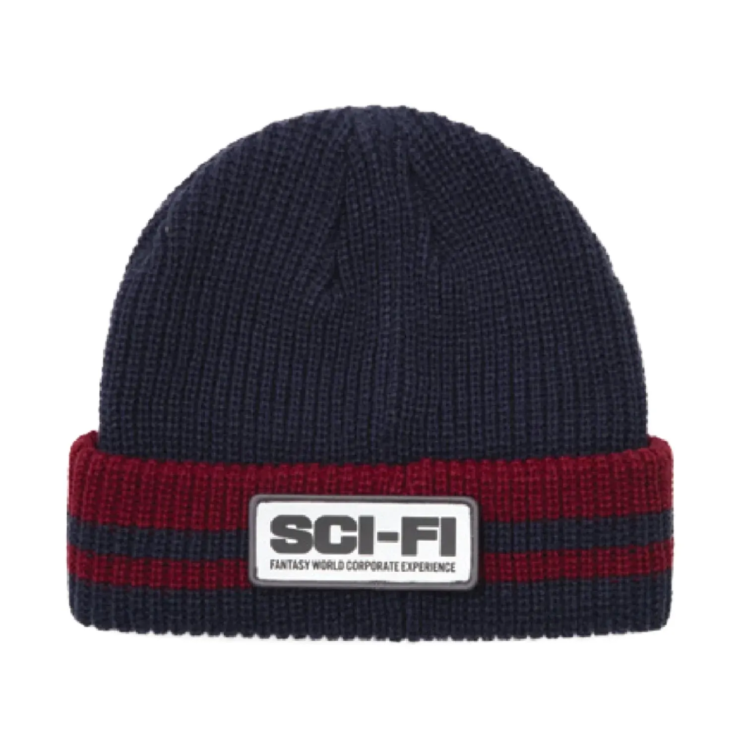 SCI-FI FANTASY REFLECTIVE PATCH STRIPED BEANIE // NAVY/RED