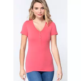 Short Slv V-neck Henley Knit Top