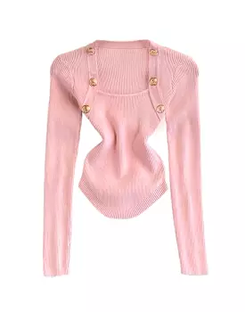 Square Neck Metal Buttoned Knit Top