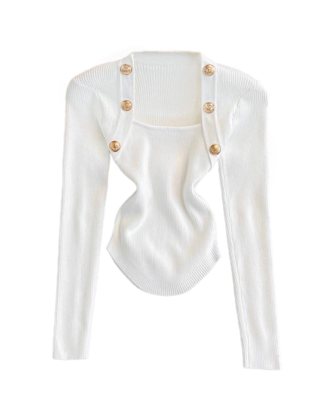 Square Neck Metal Buttoned Knit Top