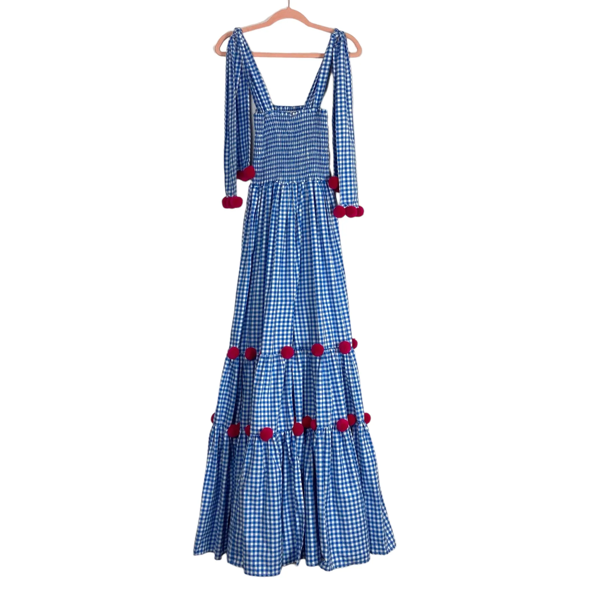 Sundress Blue Gingham with Pink Poms and Front Slit Tie Straps Smocked Pippa Dress NWT- Size M/L